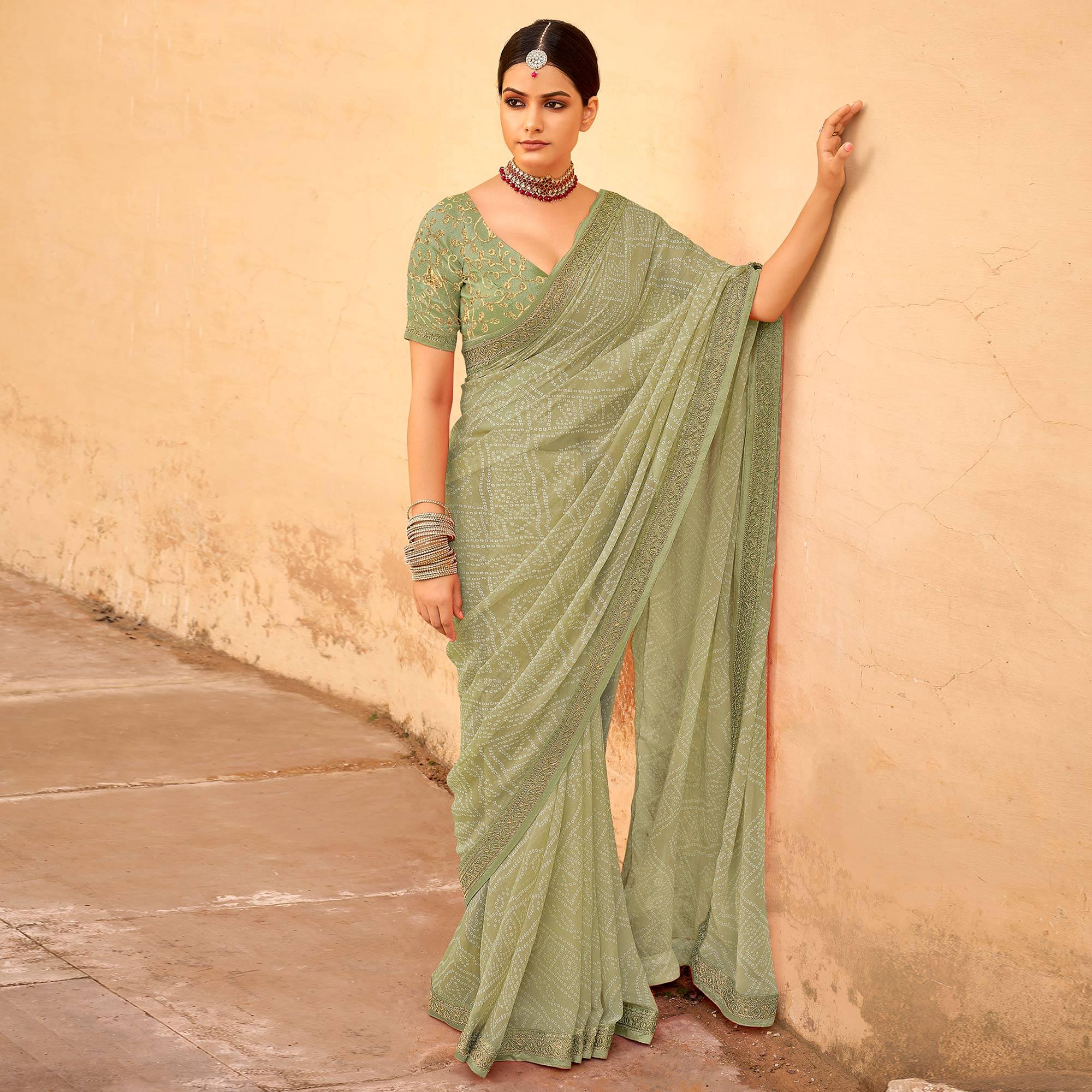 Olive Green Bandhani Printed Georgette Saree - Peachmode
