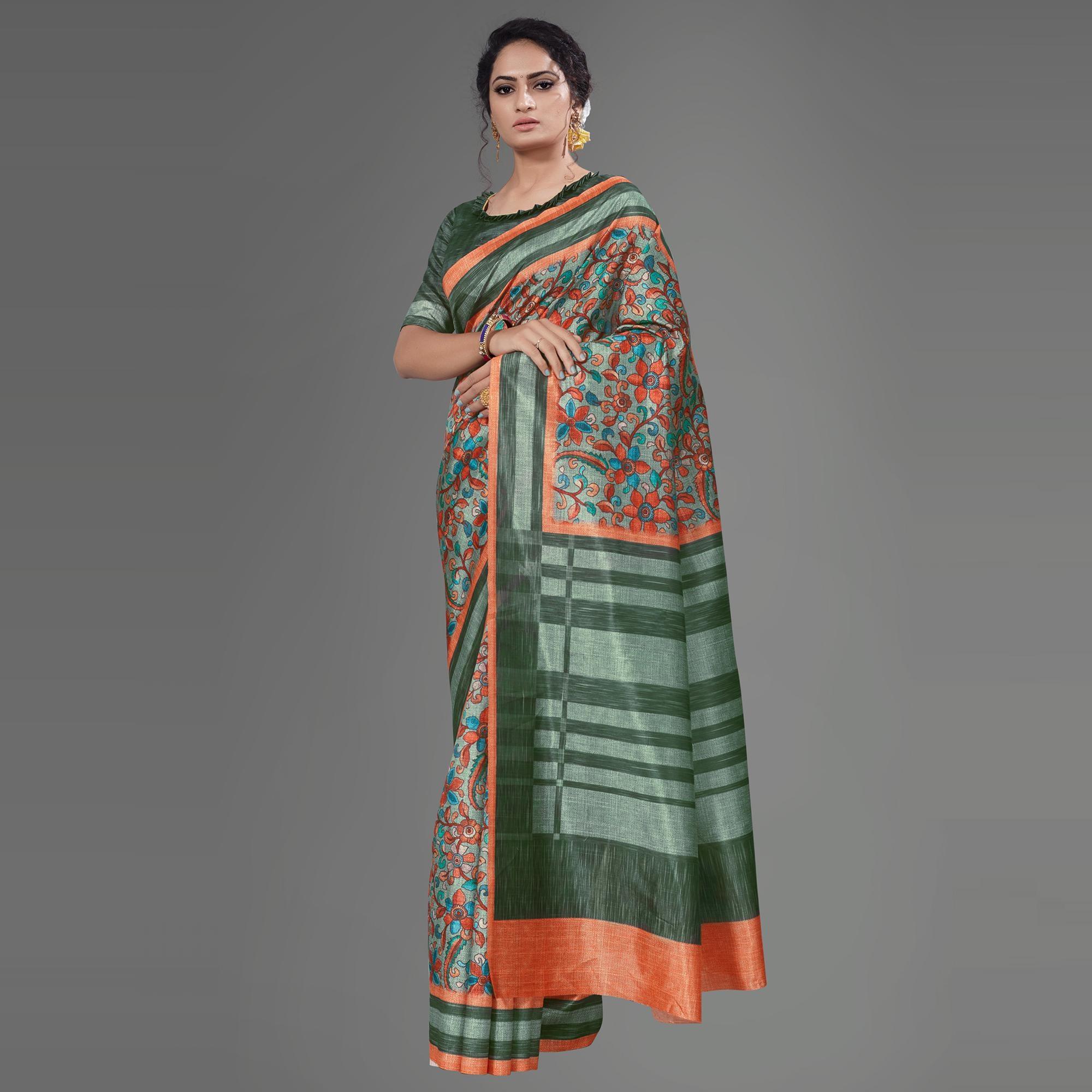 Olive Green Casual Art Silk Printed Saree With Unstitched Blouse - Peachmode
