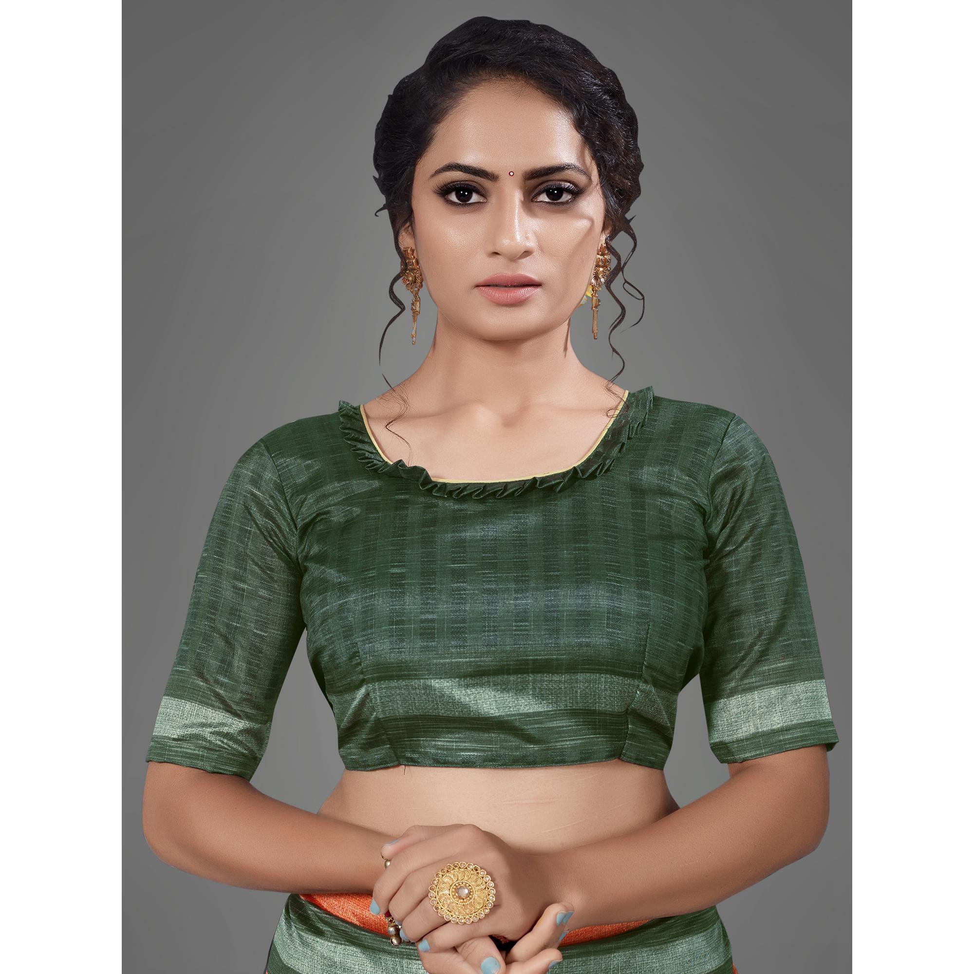 Olive Green Casual Art Silk Printed Saree With Unstitched Blouse - Peachmode