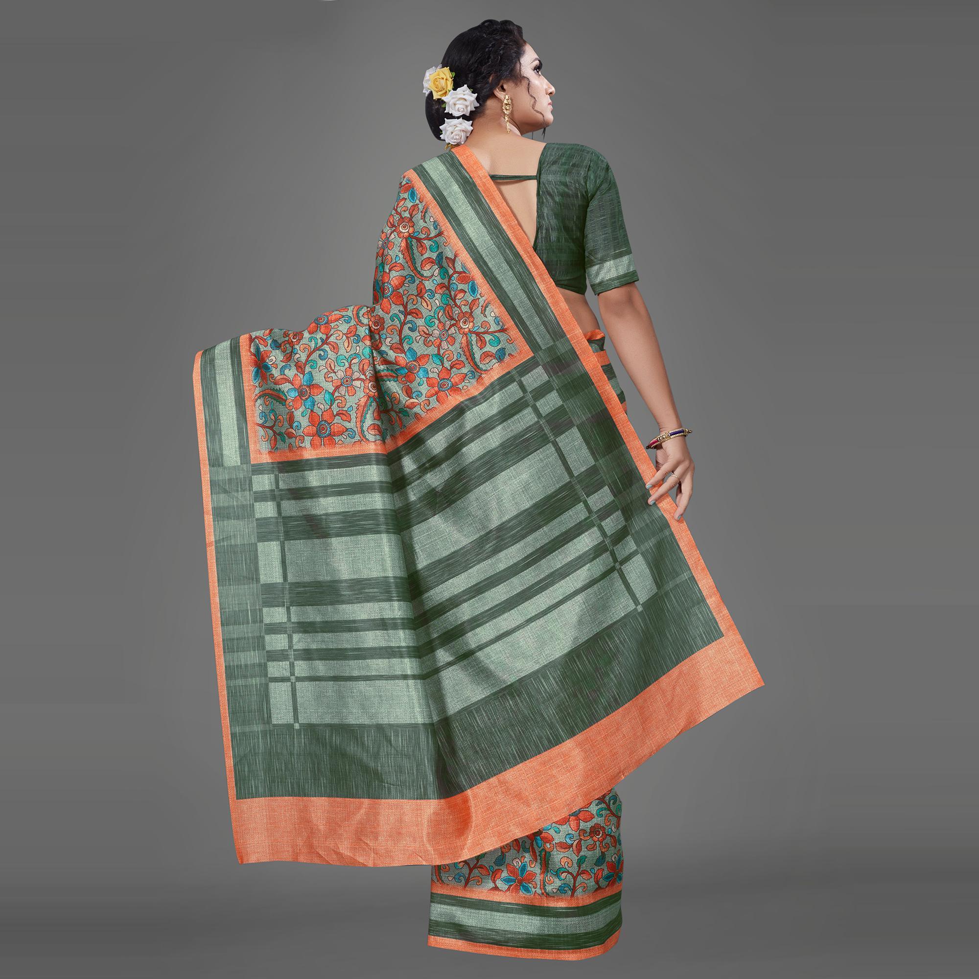 Olive Green Casual Art Silk Printed Saree With Unstitched Blouse - Peachmode