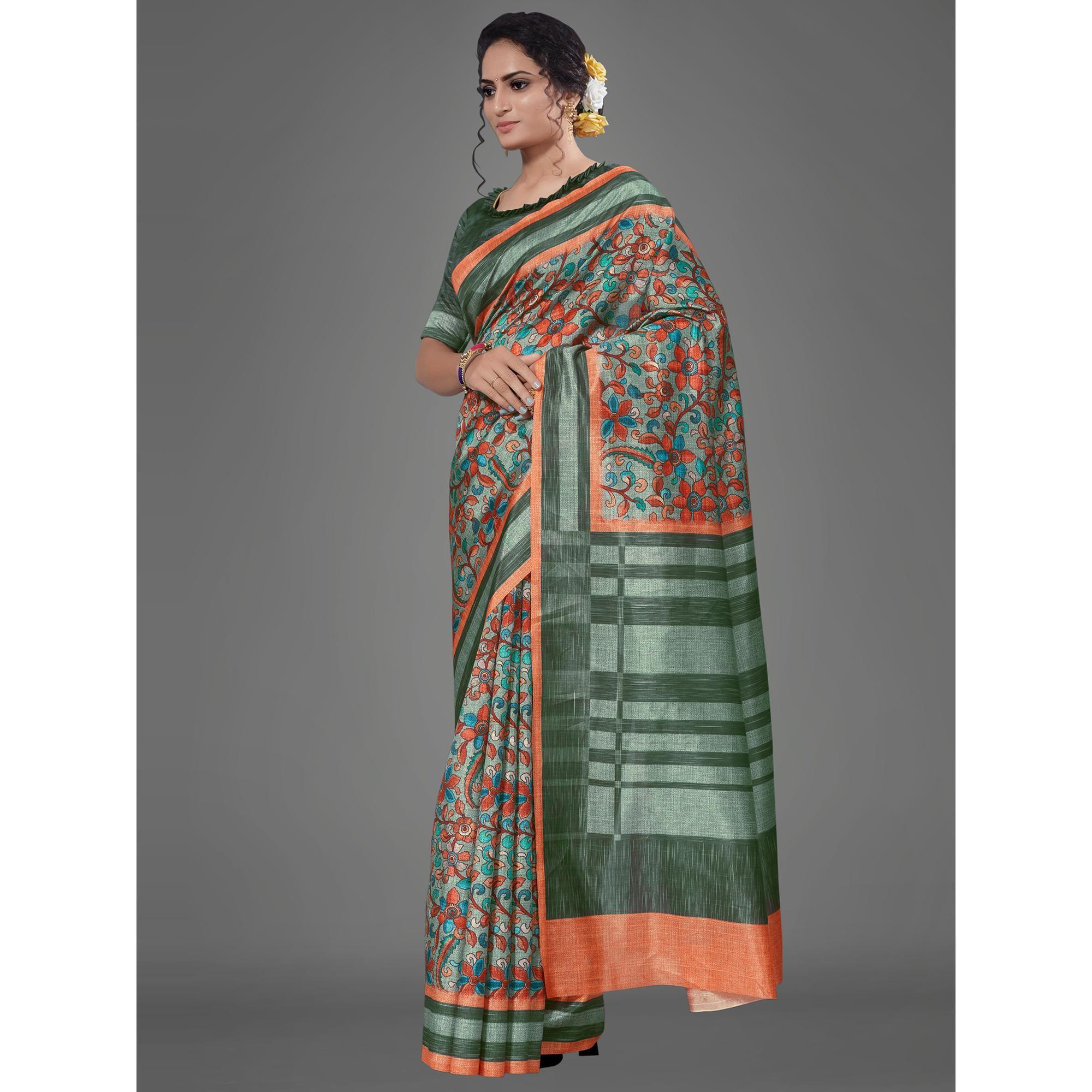 Olive Green Casual Art Silk Printed Saree With Unstitched Blouse - Peachmode