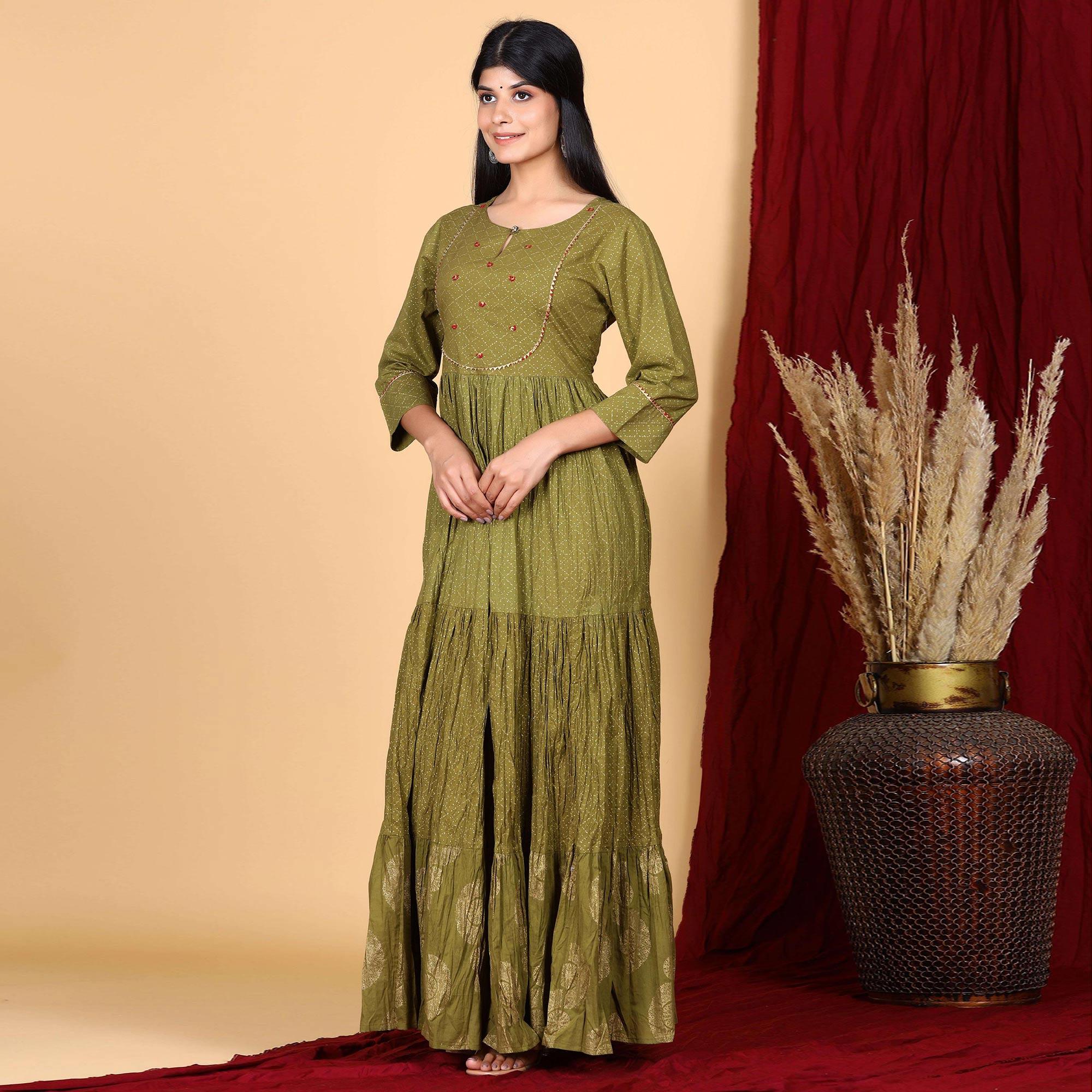 Olive Green Casual Wear Floral Printed Cotton Gown - Peachmode