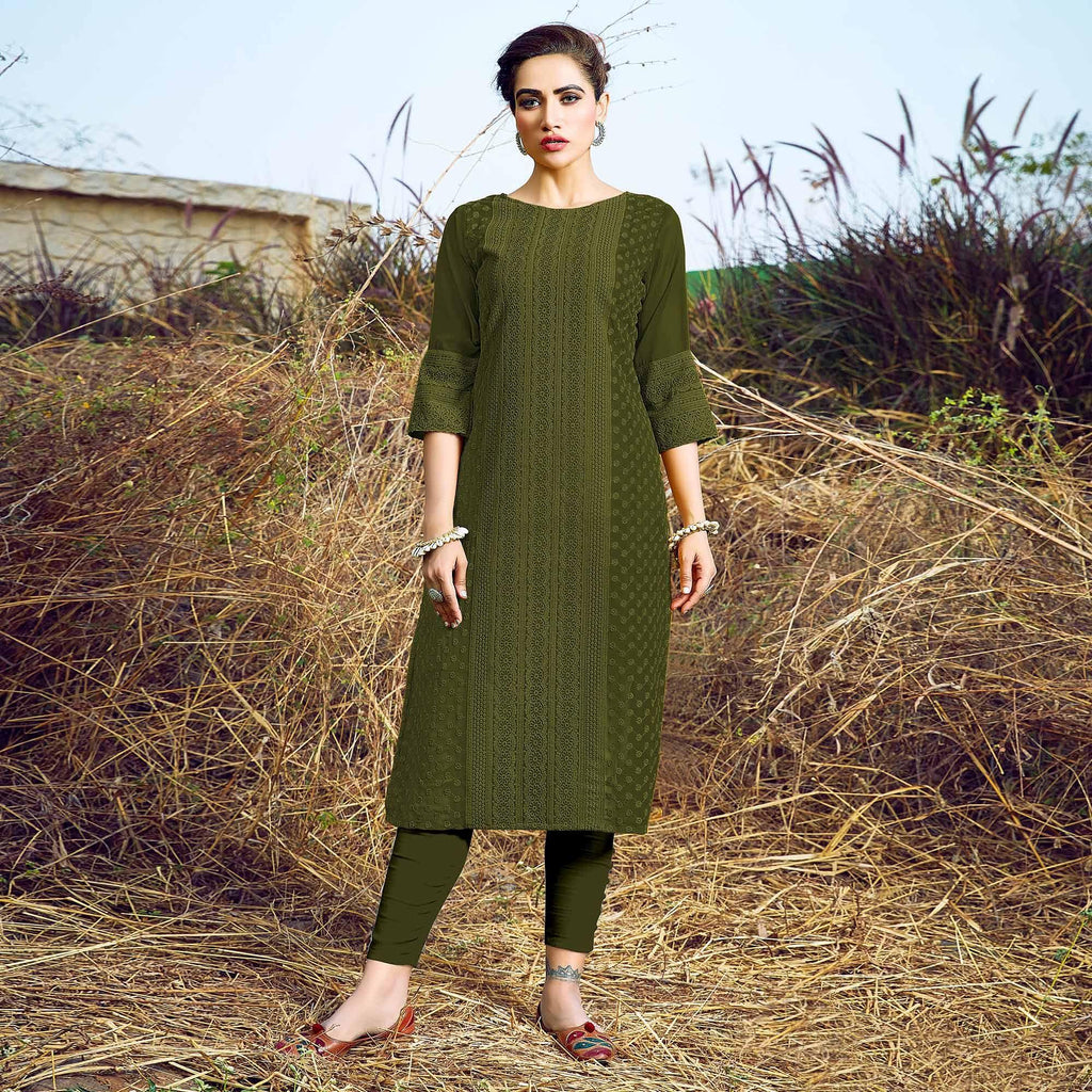 Olive Green Embroidered Cotton Kurti