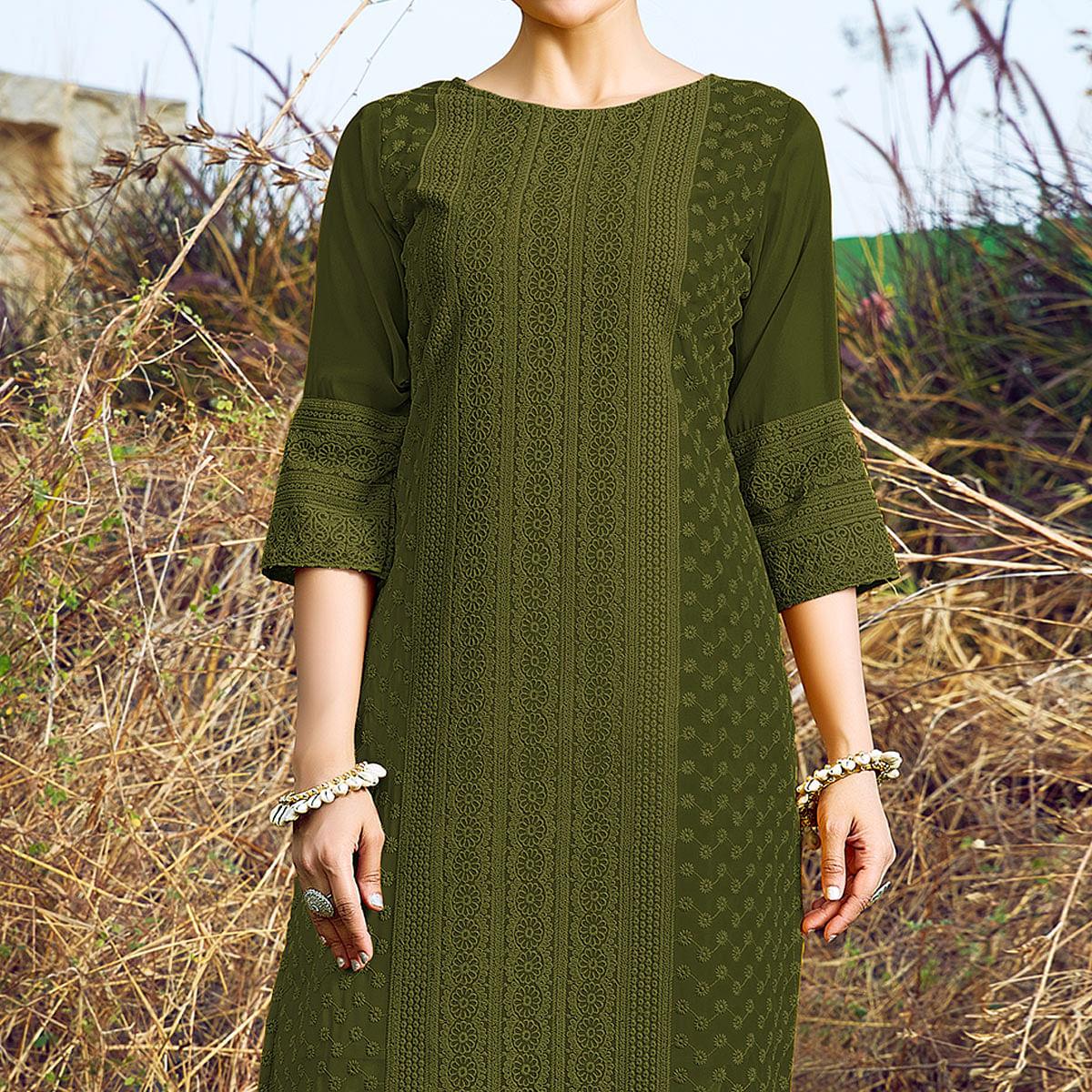 Olive Green Casual Wear Lucknowi Embroidered Georgette Kurti - Peachmode