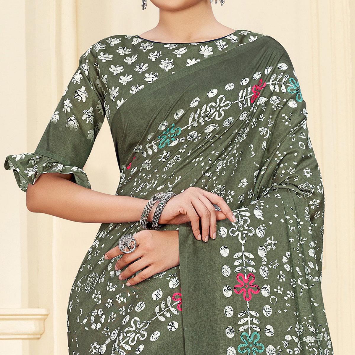 Olive Green Casual Wear Printed Art Silk Saree - Peachmode