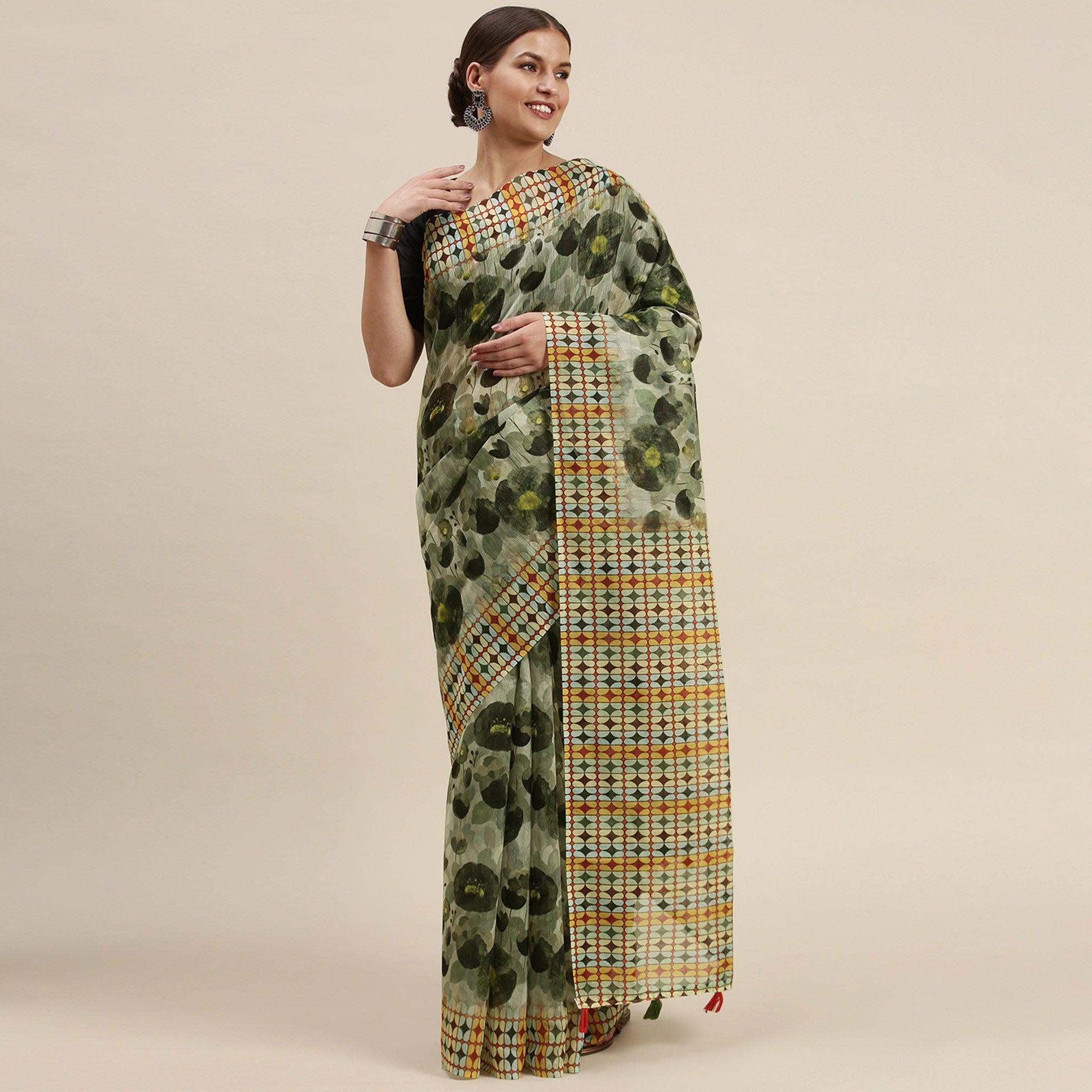 Olive Green Casual Wear Printed Cotton Blend Saree With Tassels - Peachmode