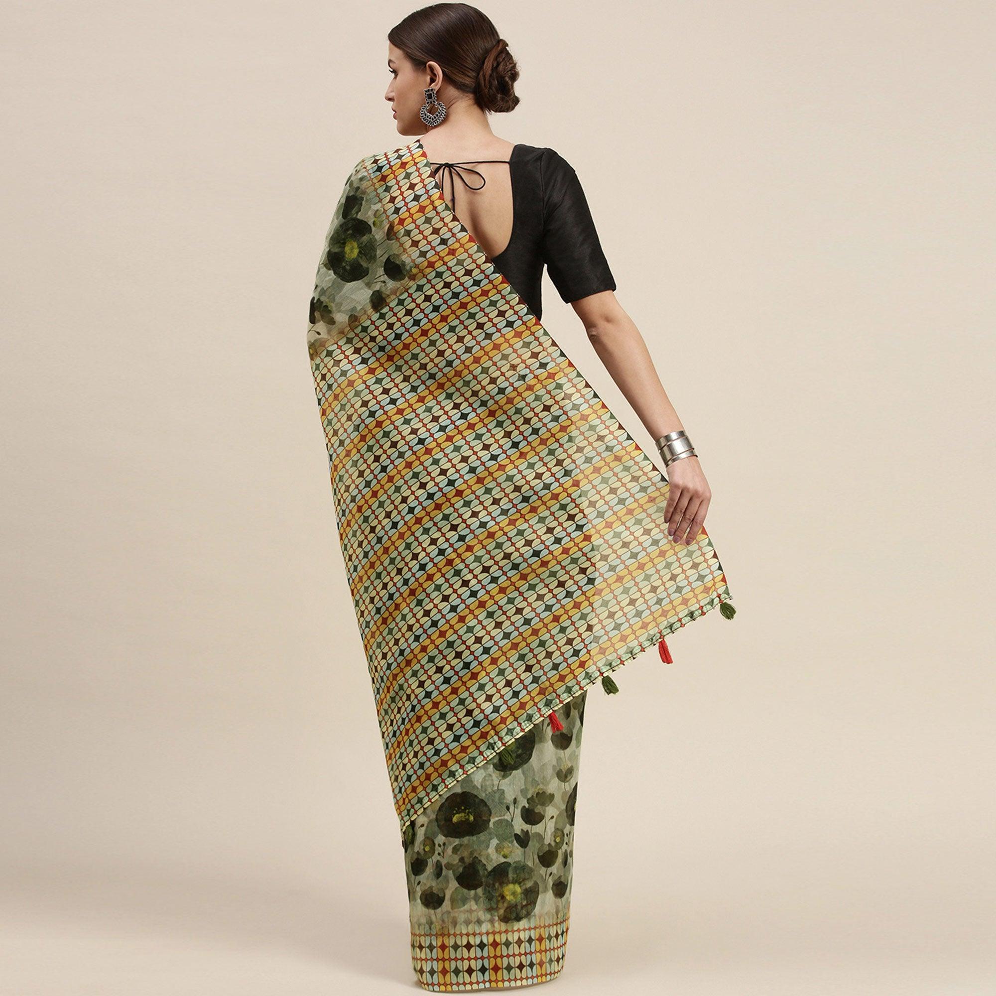 Olive Green Casual Wear Printed Cotton Blend Saree With Tassels - Peachmode