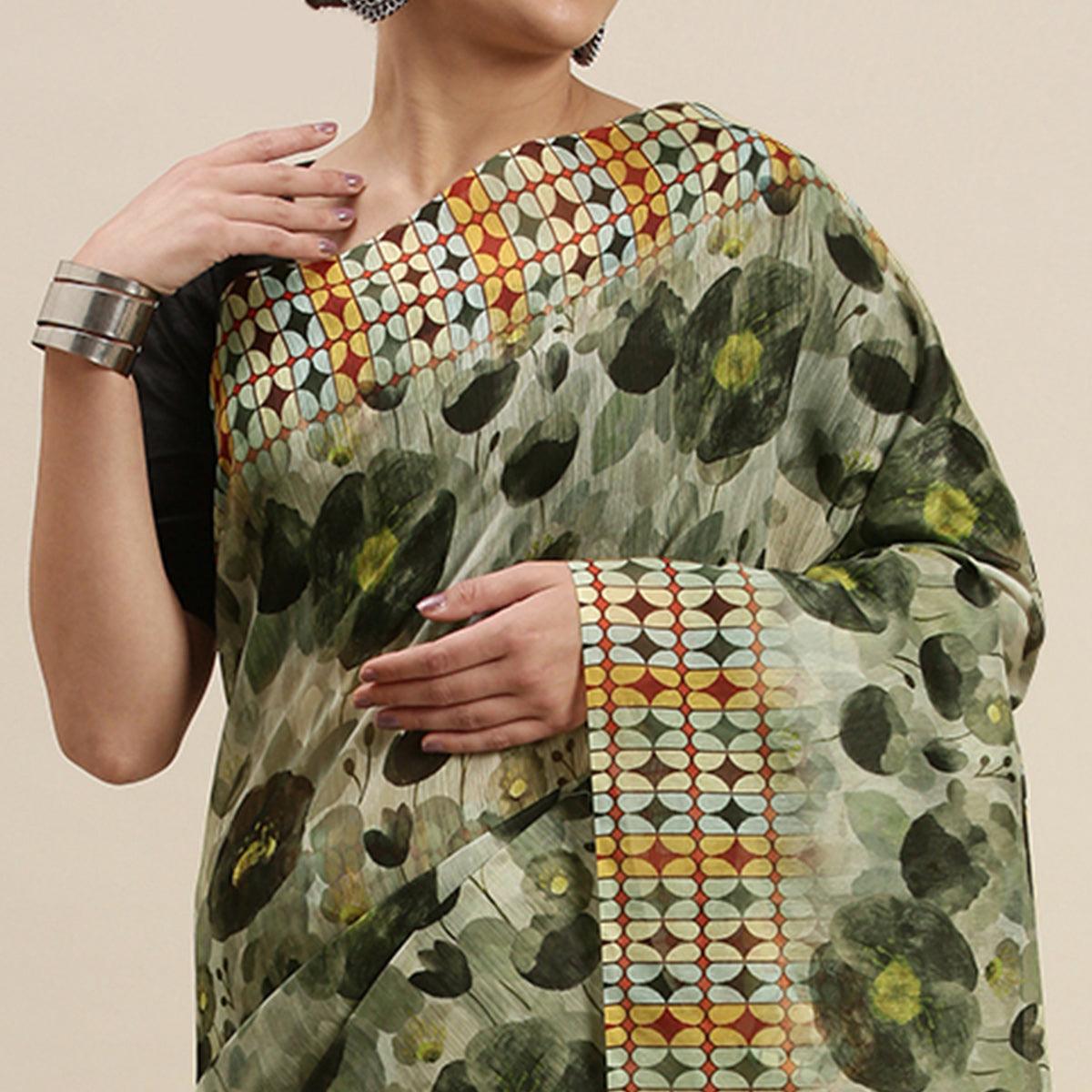 Olive Green Casual Wear Printed Cotton Blend Saree With Tassels - Peachmode