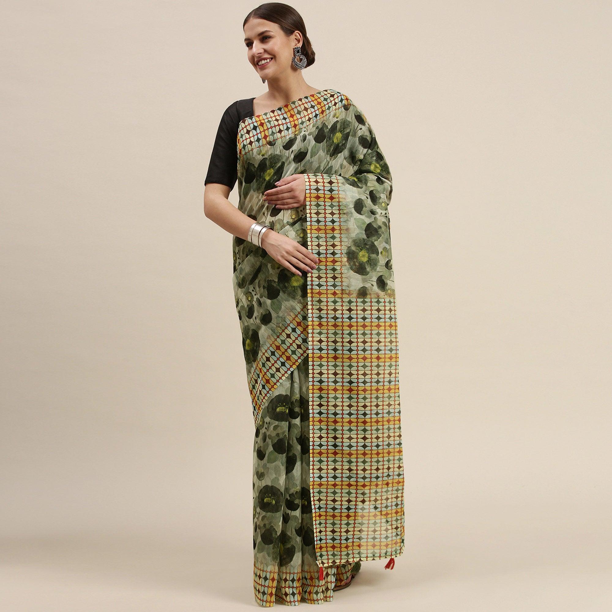 Olive Green Casual Wear Printed Cotton Blend Saree With Tassels - Peachmode