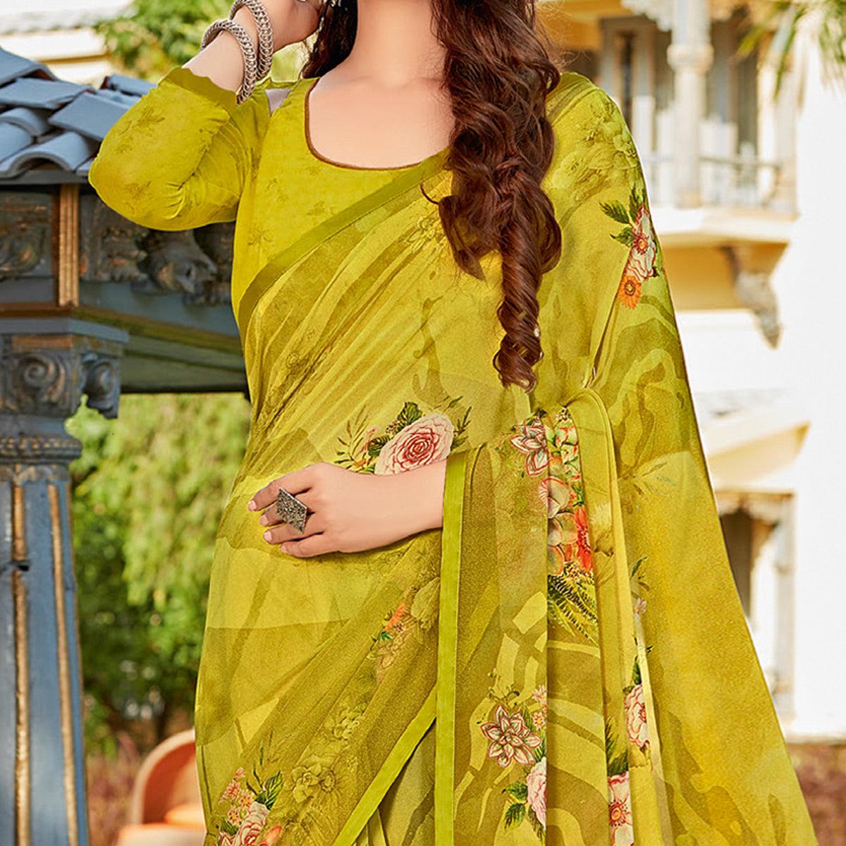 Olive Green Casual Wear Printed Georgette Saree - Peachmode