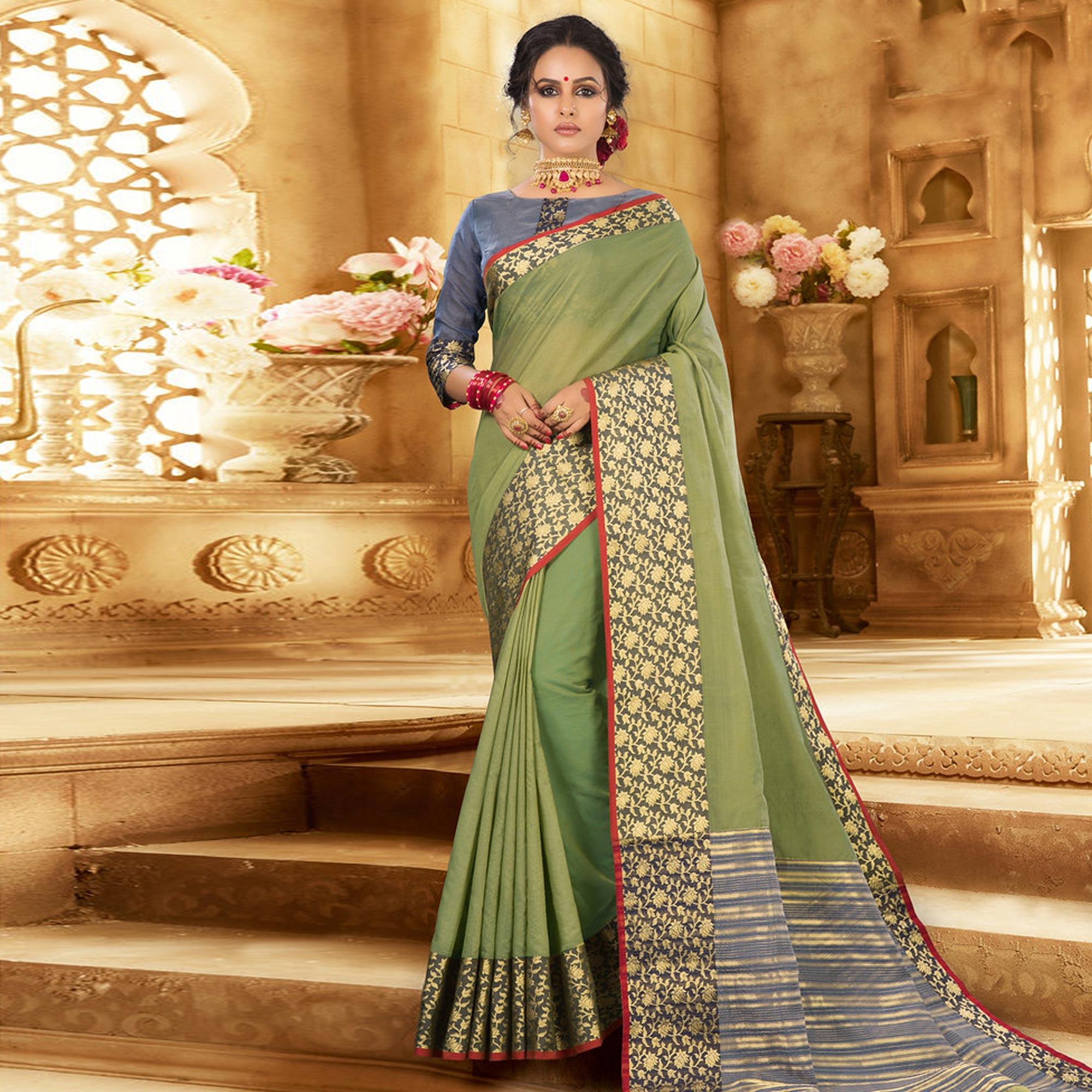 Olive Green Colored Festive Wear Woven Jute Saree - Peachmode