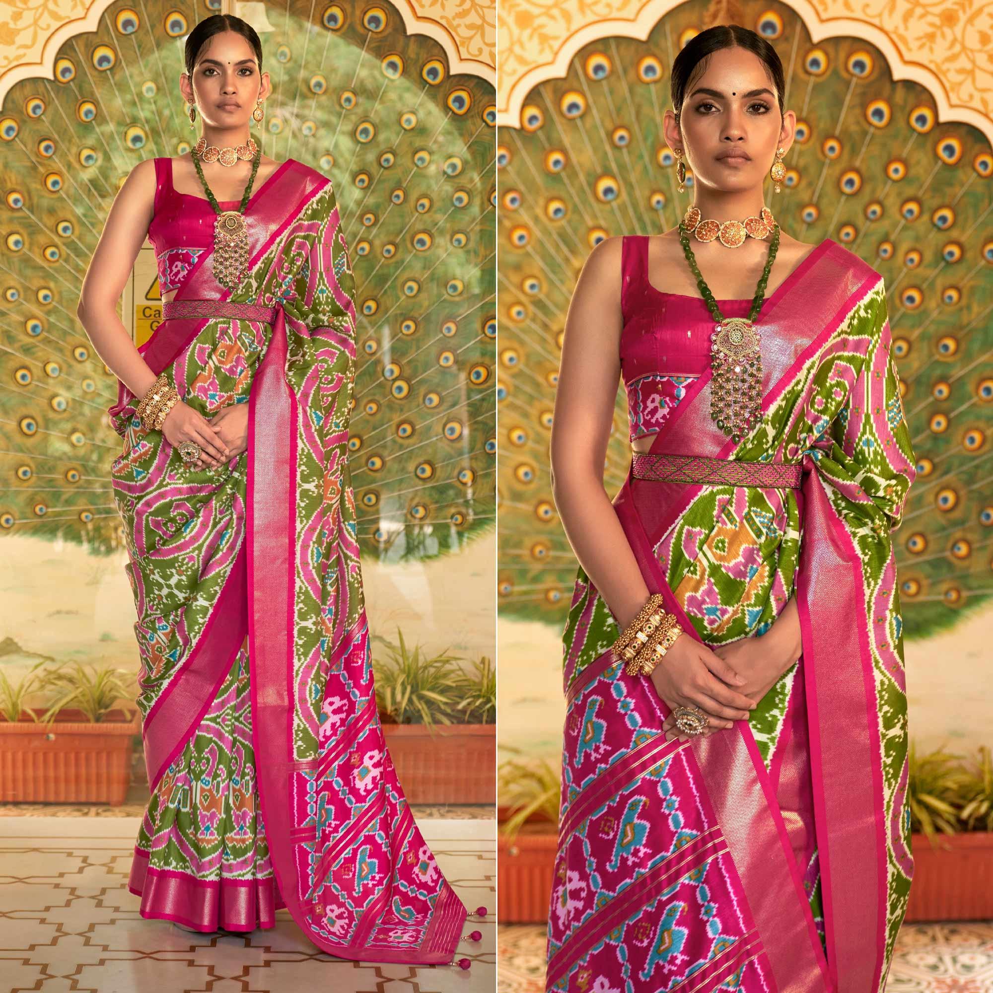 Olive Green Digital Patola Printed Silk Saree - Peachmode