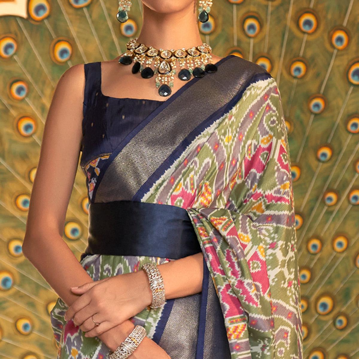 Olive Green Digital Patola Printed Silk Saree - Peachmode