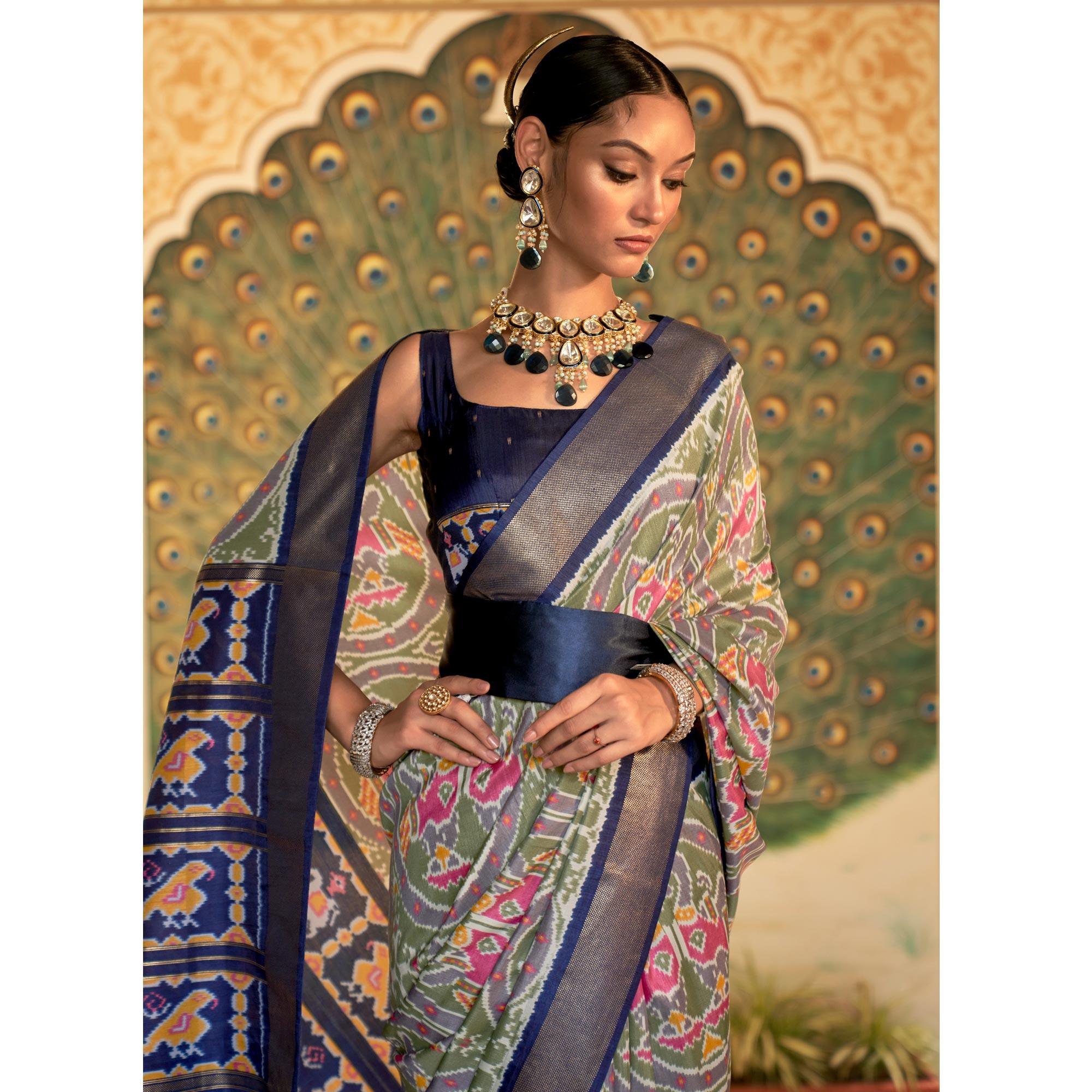 Olive Green Digital Patola Printed Silk Saree - Peachmode