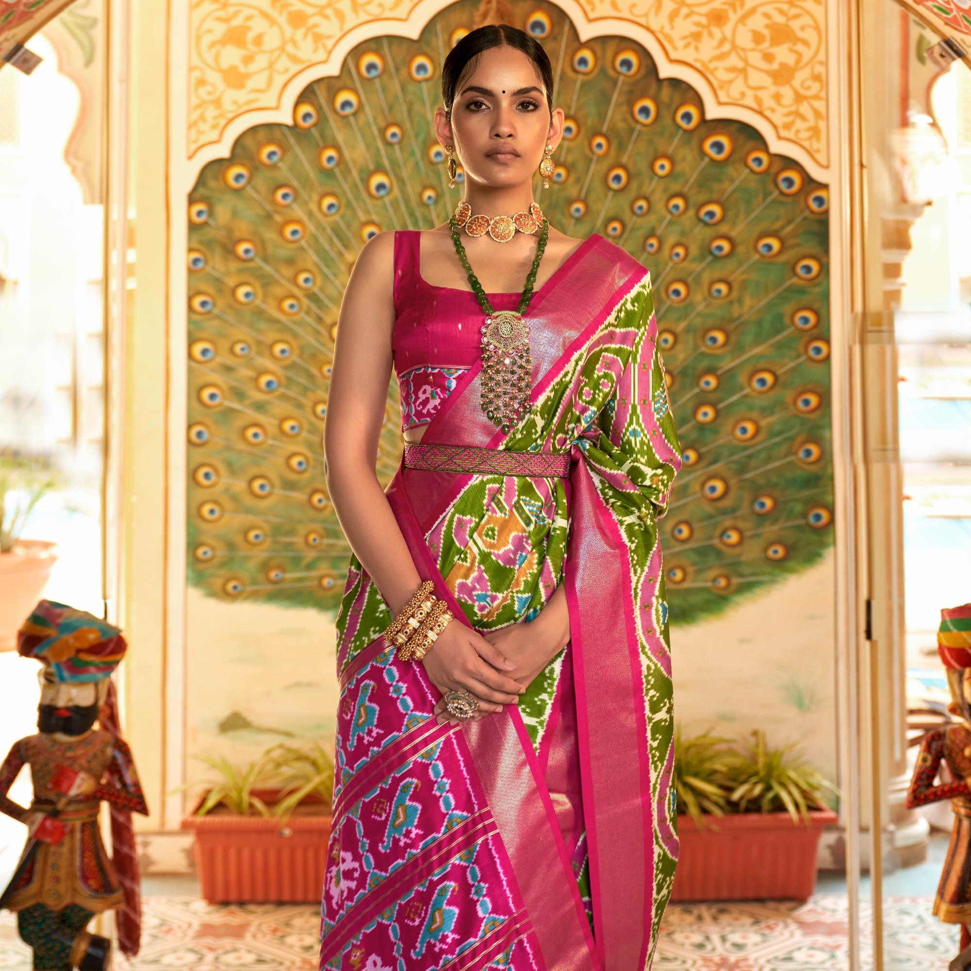 Olive Green Digital Patola Printed Silk Saree - Peachmode