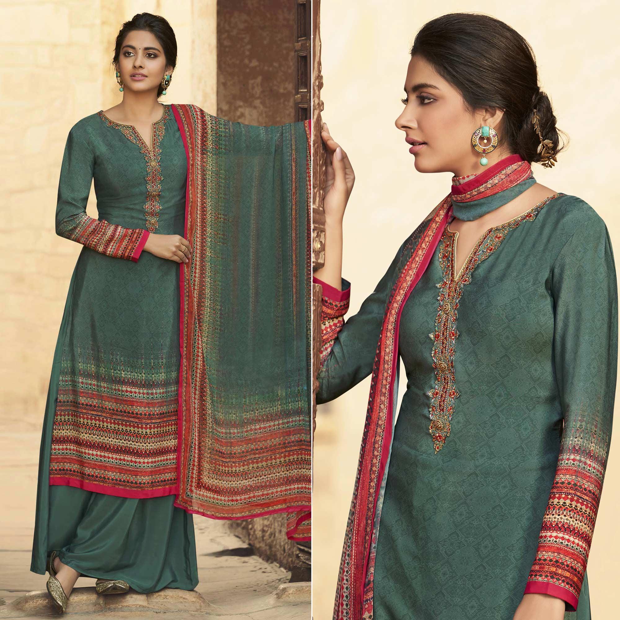 Olive Green Digital Printed Art Silk Palazzo Suit - Peachmode