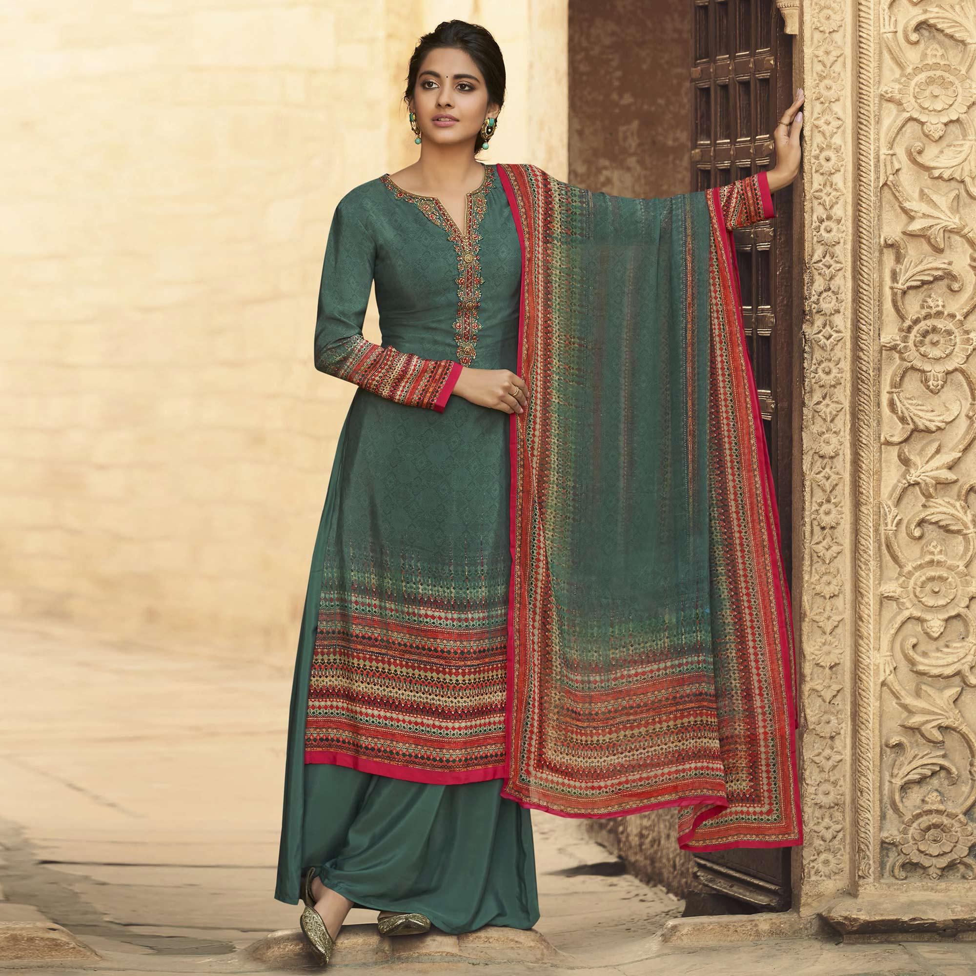 Olive Green Digital Printed Art Silk Palazzo Suit - Peachmode