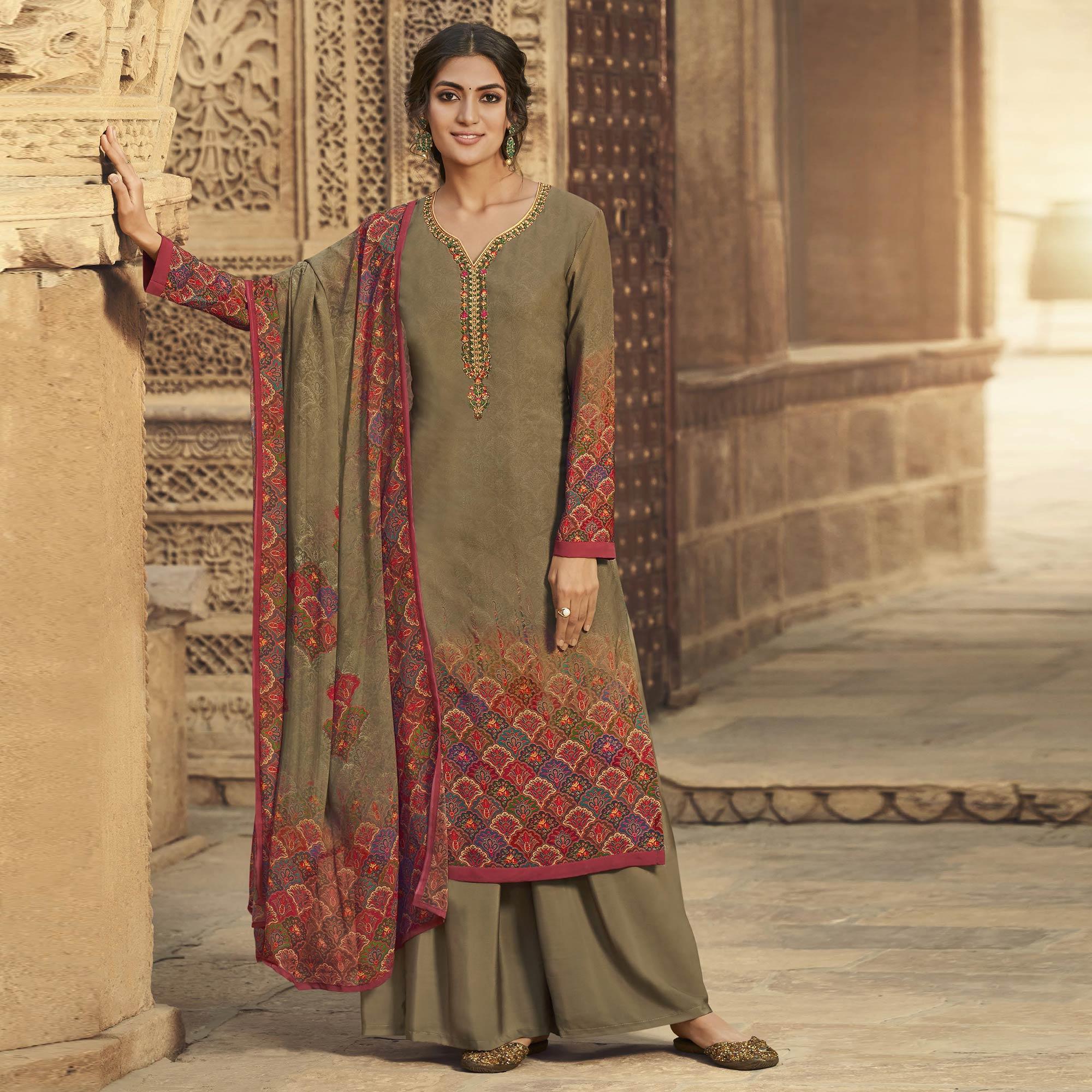 Olive Green Digital Printed Art Silk Palazzo Suit - Peachmode