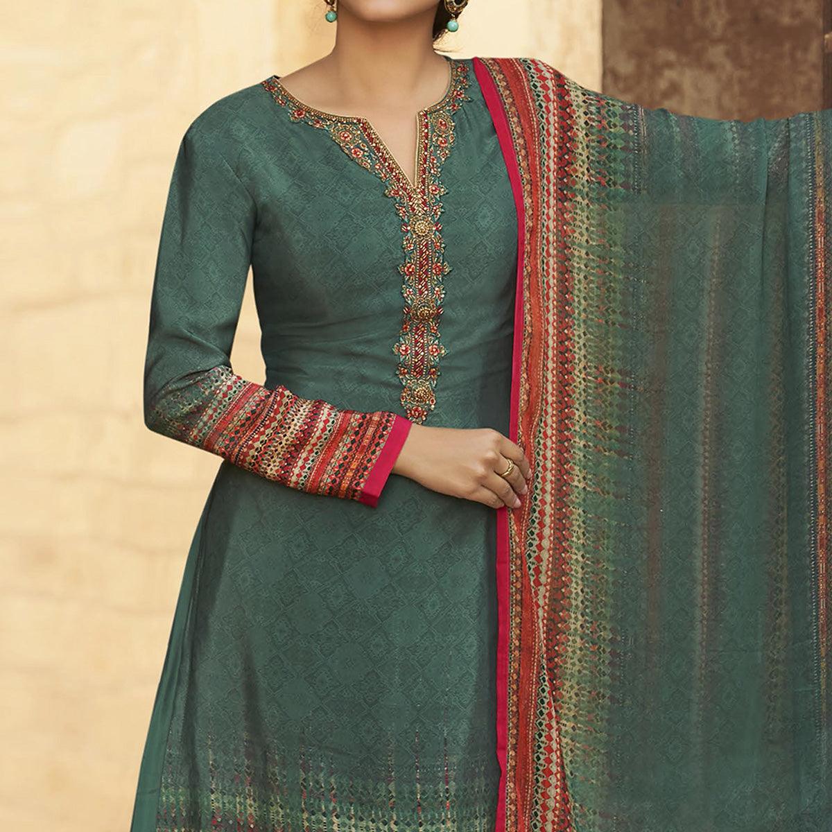 Olive Green Digital Printed Art Silk Palazzo Suit - Peachmode