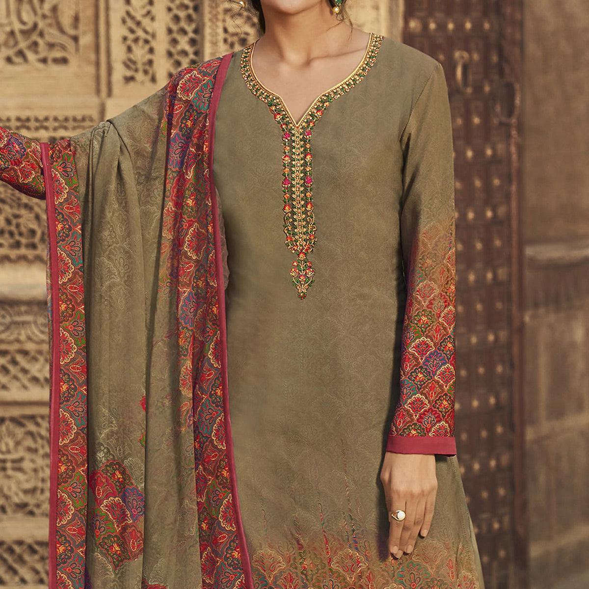 Olive Green Digital Printed Art Silk Palazzo Suit - Peachmode