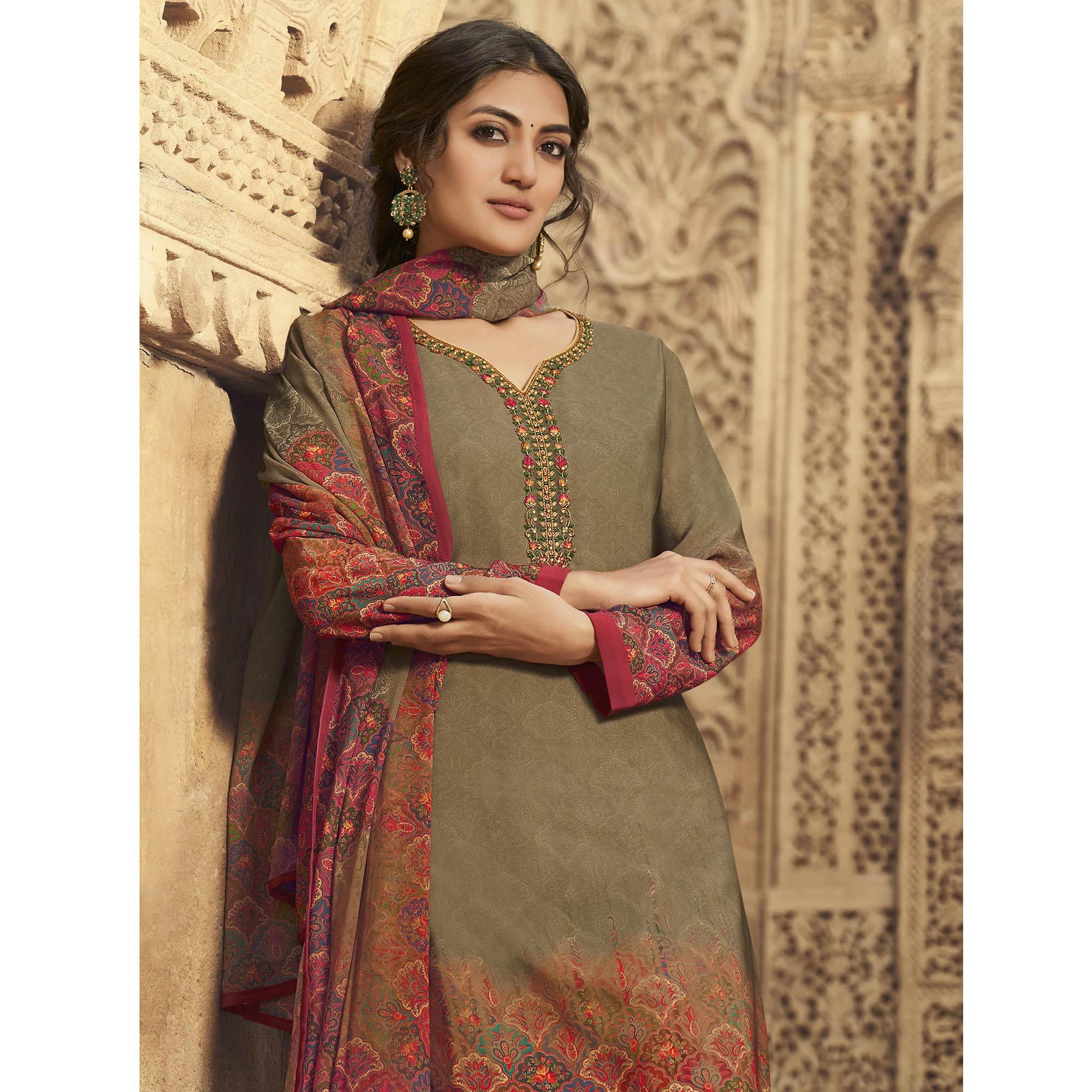 Olive Green Digital Printed Art Silk Palazzo Suit - Peachmode