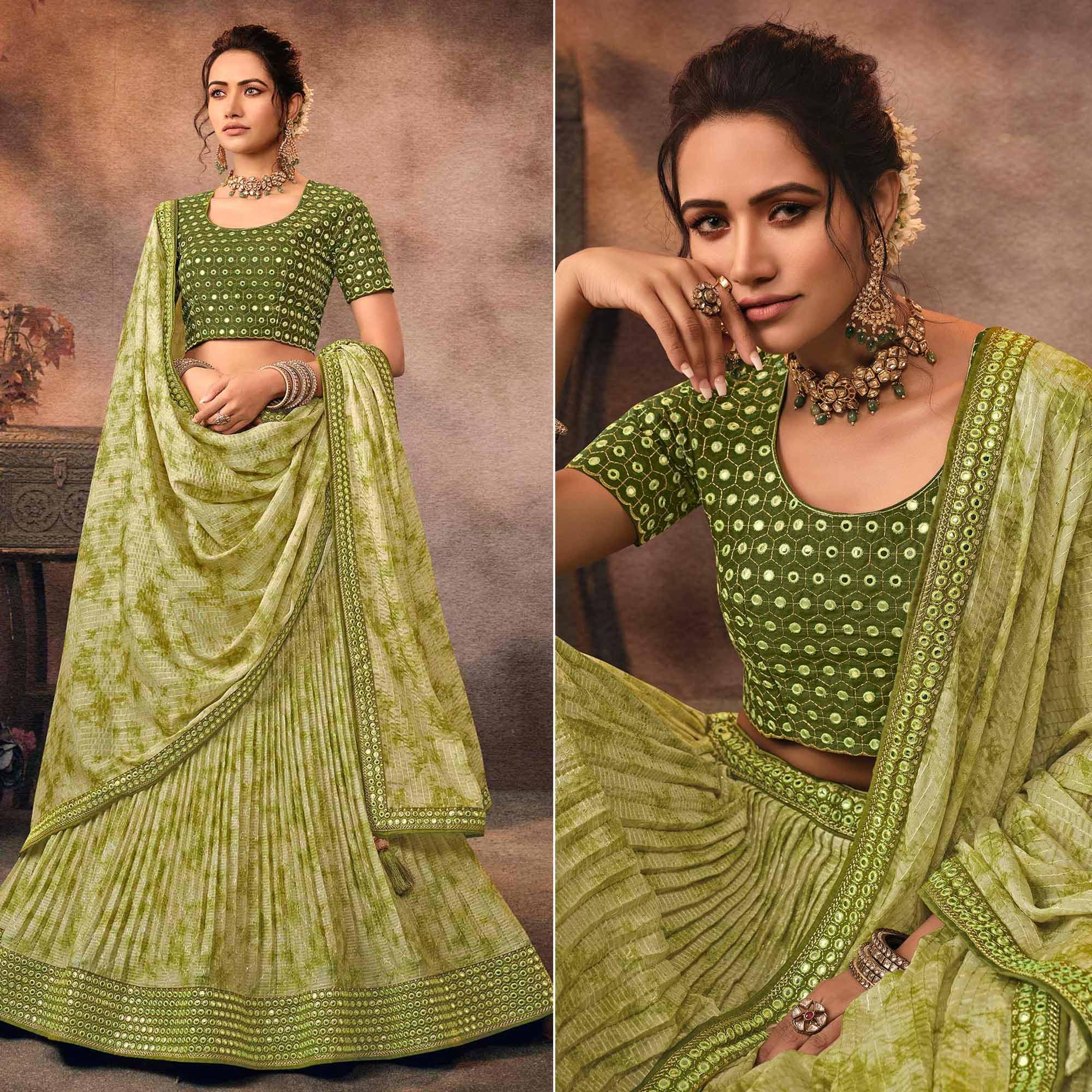Olive Green Digital Printed-Embellished Chiffon Lehenga Choli - Peachmode
