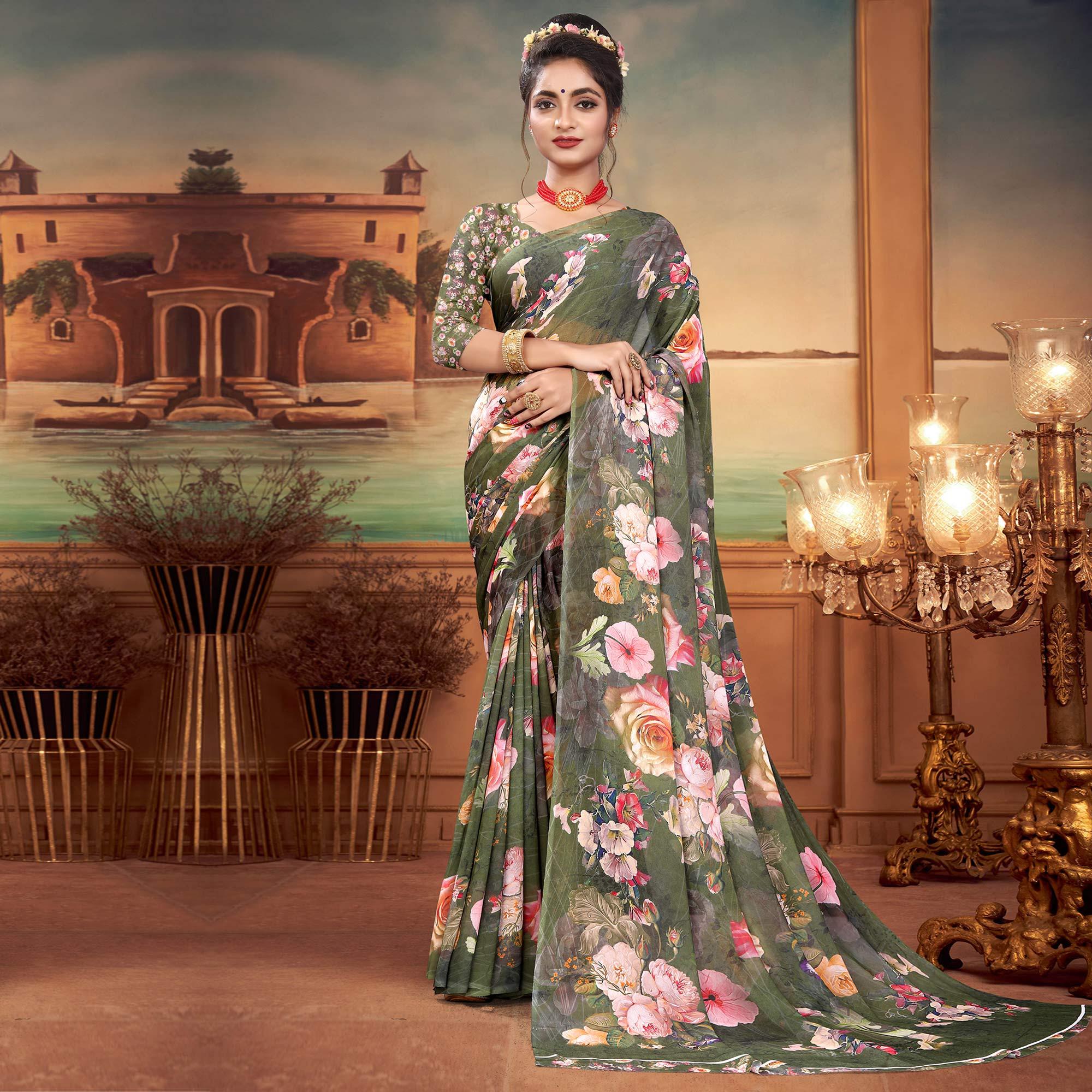 Olive Green Digital Printed Georgette Saree - Peachmode