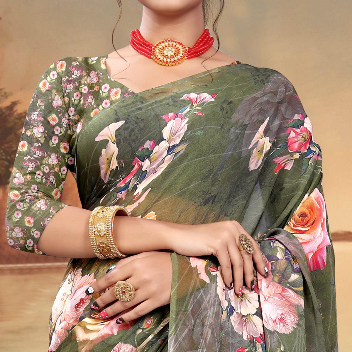 Olive Green Digital Printed Georgette Saree - Peachmode
