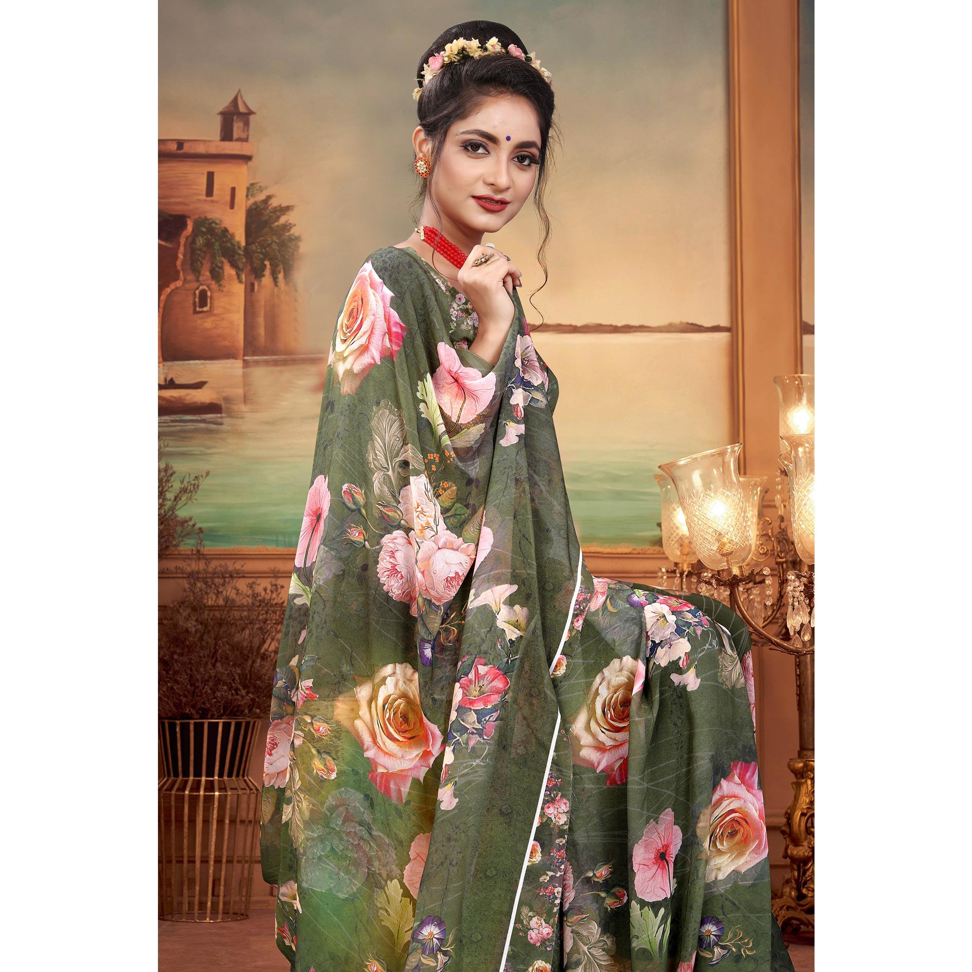 Olive Green Digital Printed Georgette Saree - Peachmode