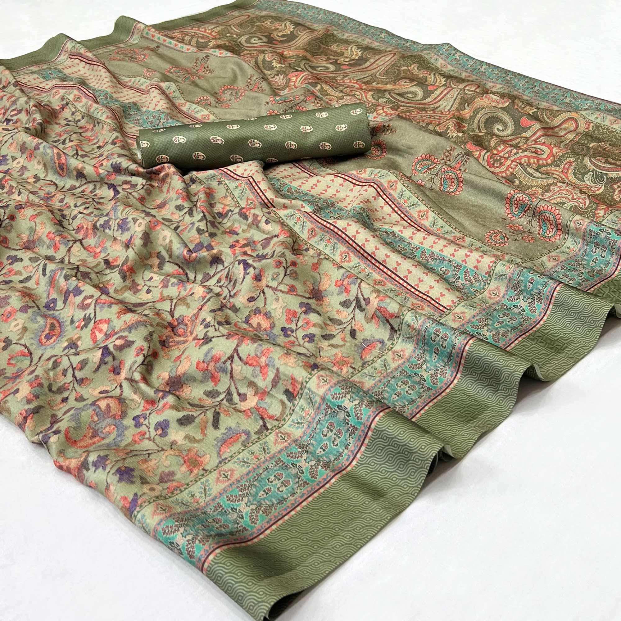 Olive Green Digital Printed Pashmina Saree - Peachmode