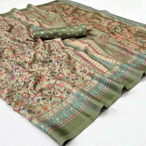 Olive Green Digital Printed Pashmina Saree - Peachmode