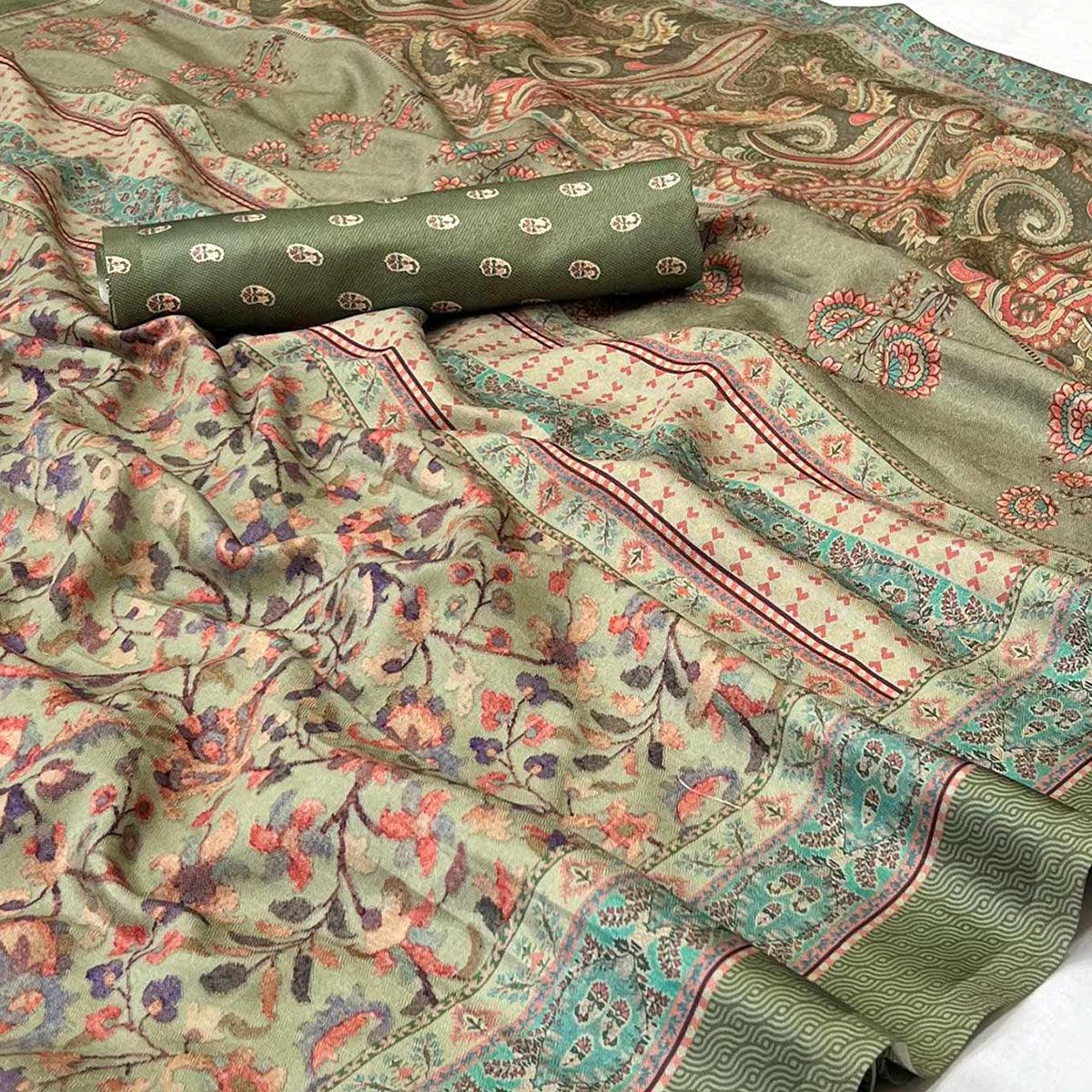 Olive Green Digital Printed Pashmina Saree - Peachmode