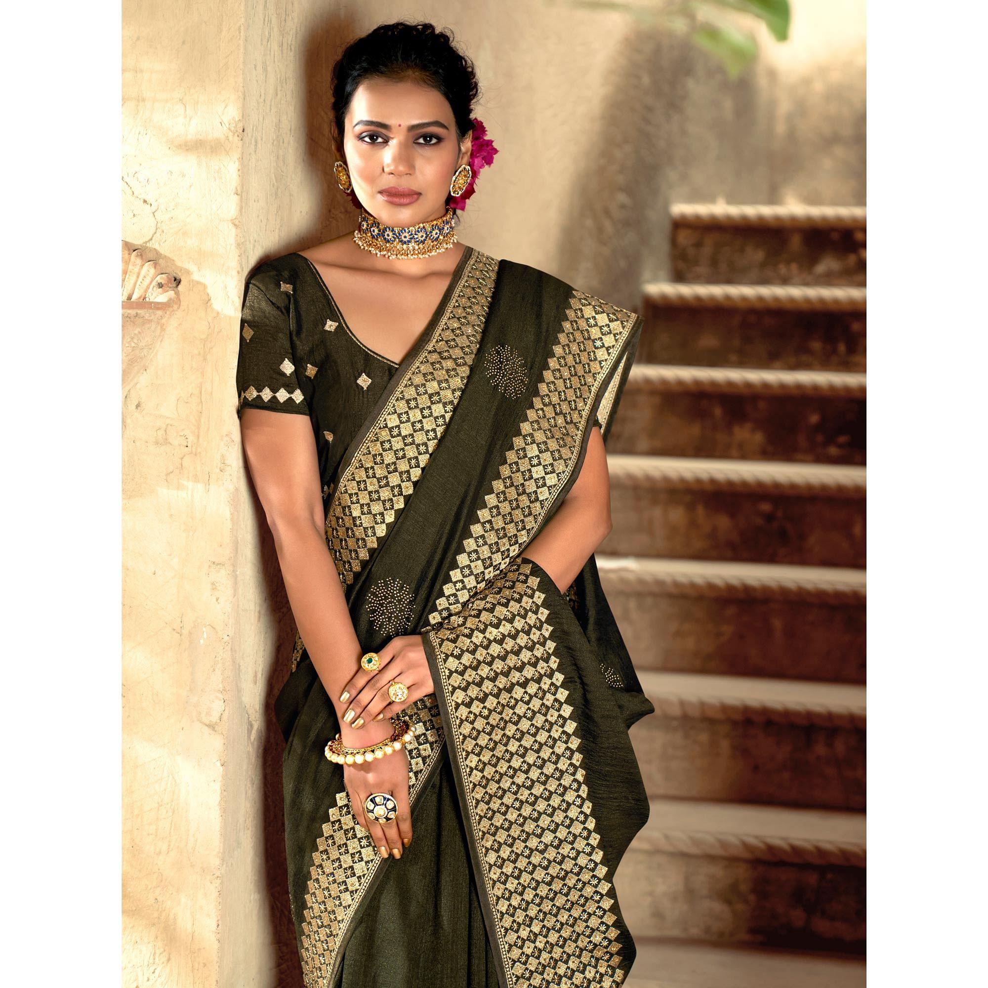 Olive Green Embellished Vichitra Silk Saree - Peachmode