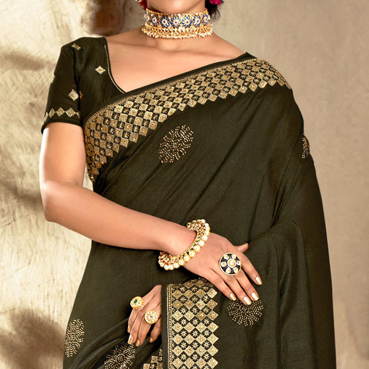 Olive Green Embellished Vichitra Silk Saree - Peachmode