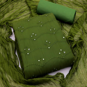 Olive Green Embellished With Embroidered Georgette Dress Material - Peachmode