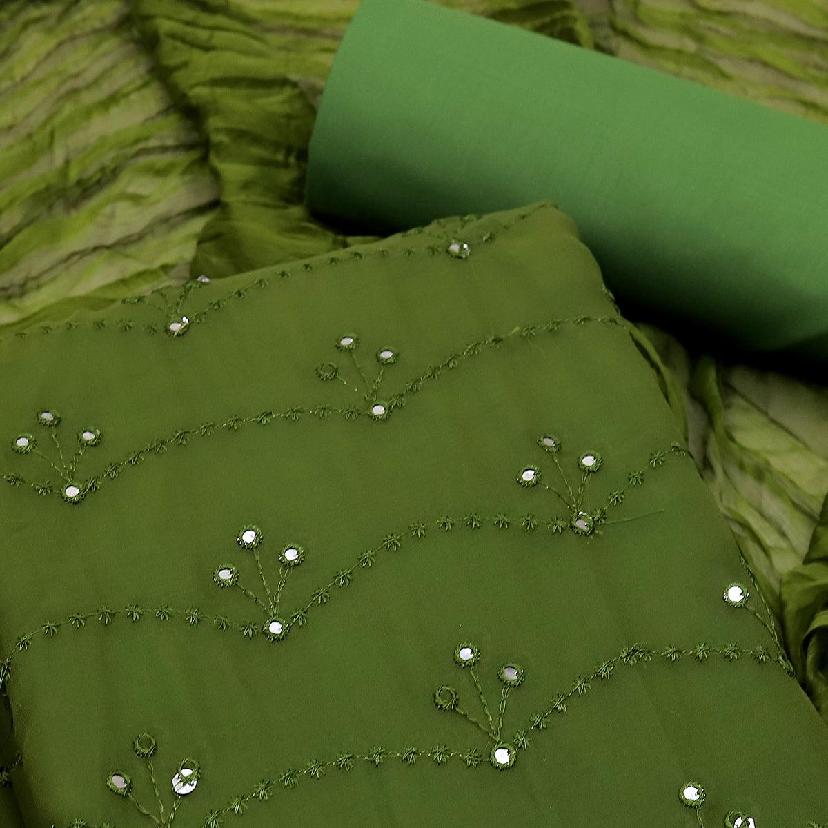 Olive Green Embellished With Embroidered Georgette Dress Material - Peachmode