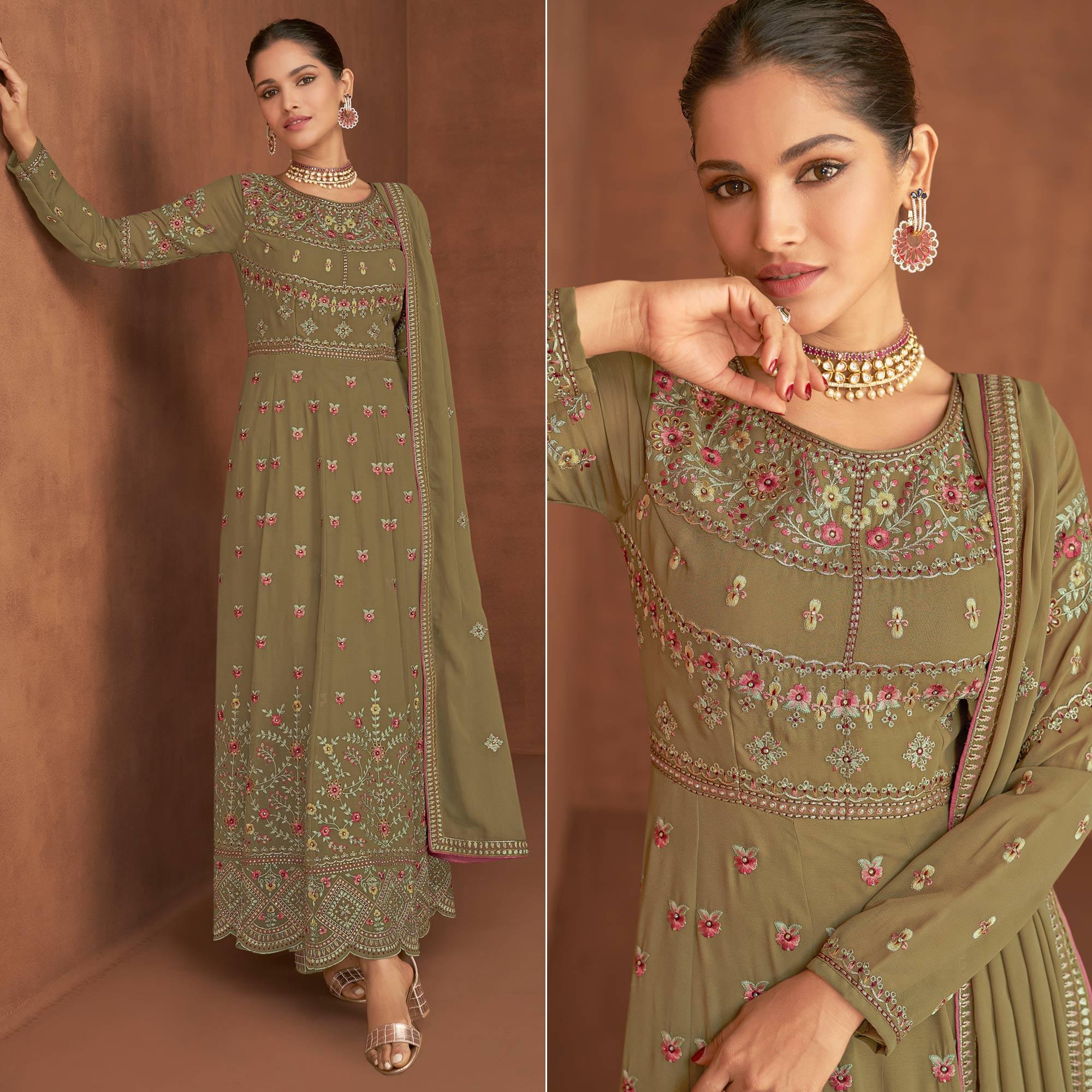 Olive Green Embellished With Embroidered Georgette Palazzo Suit - Peachmode