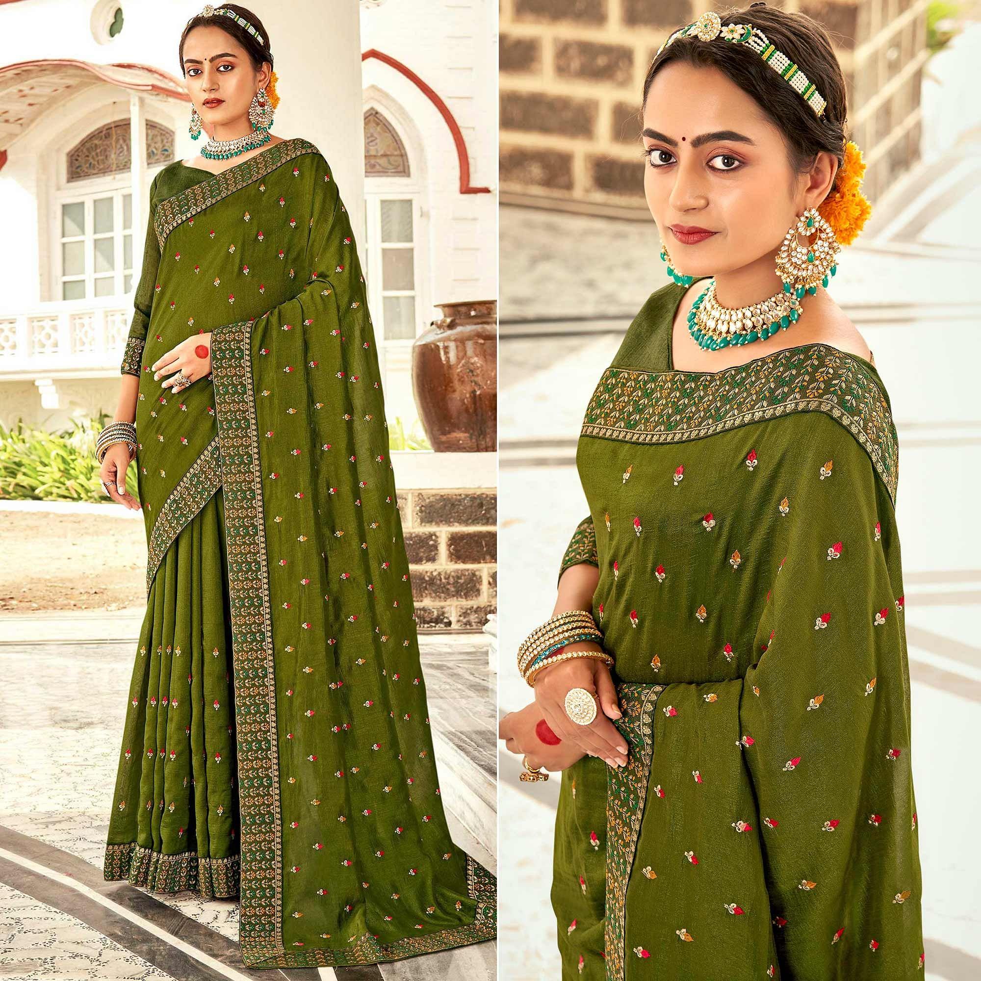 Olive Green Embellished With Embroidered Vichitra Silk Saree - Peachmode