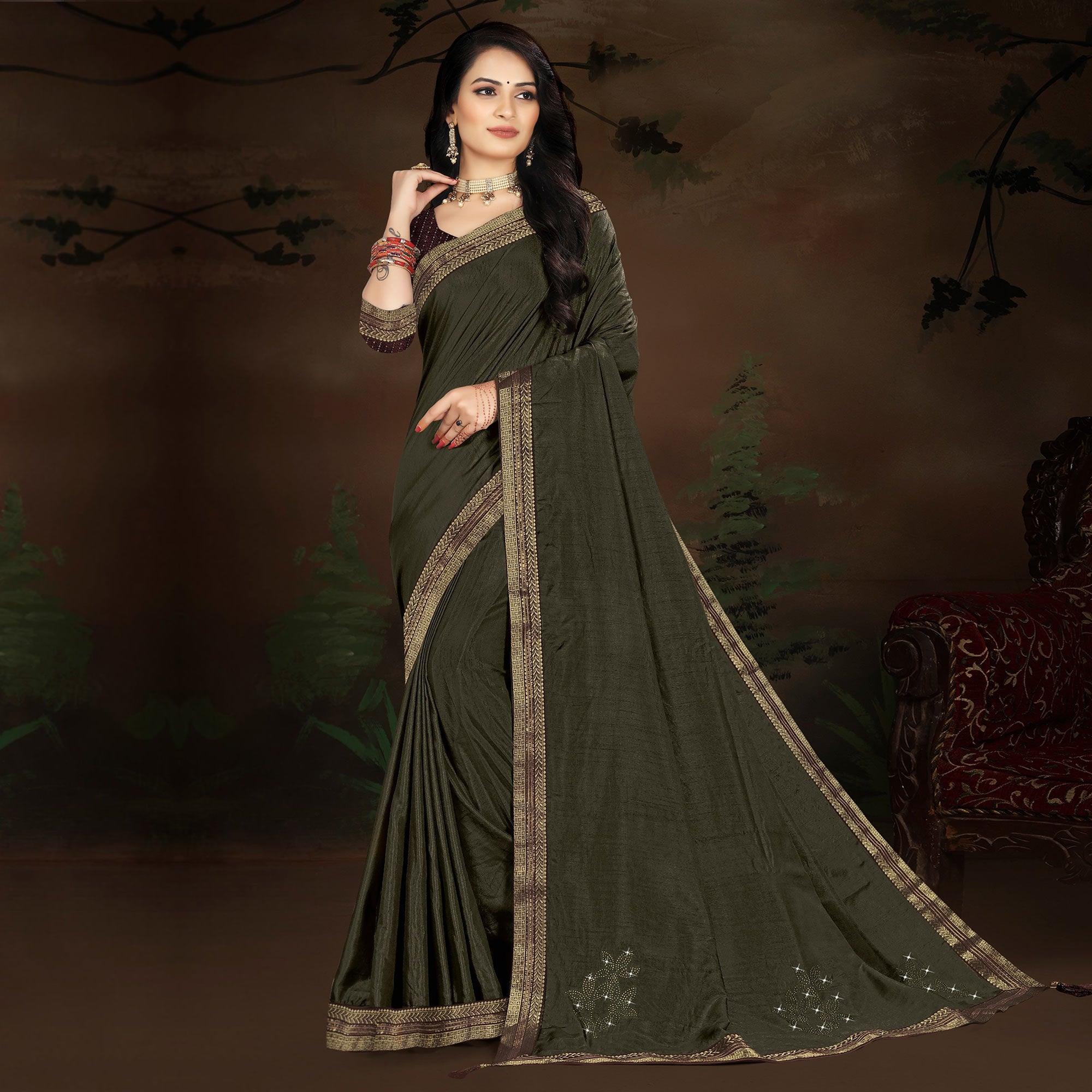 Olive Green Embellished With Embroidered Vichitra Silk Saree - Peachmode