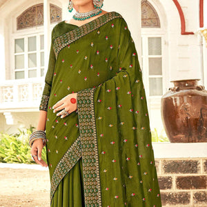 Olive Green Embellished With Embroidered Vichitra Silk Saree - Peachmode