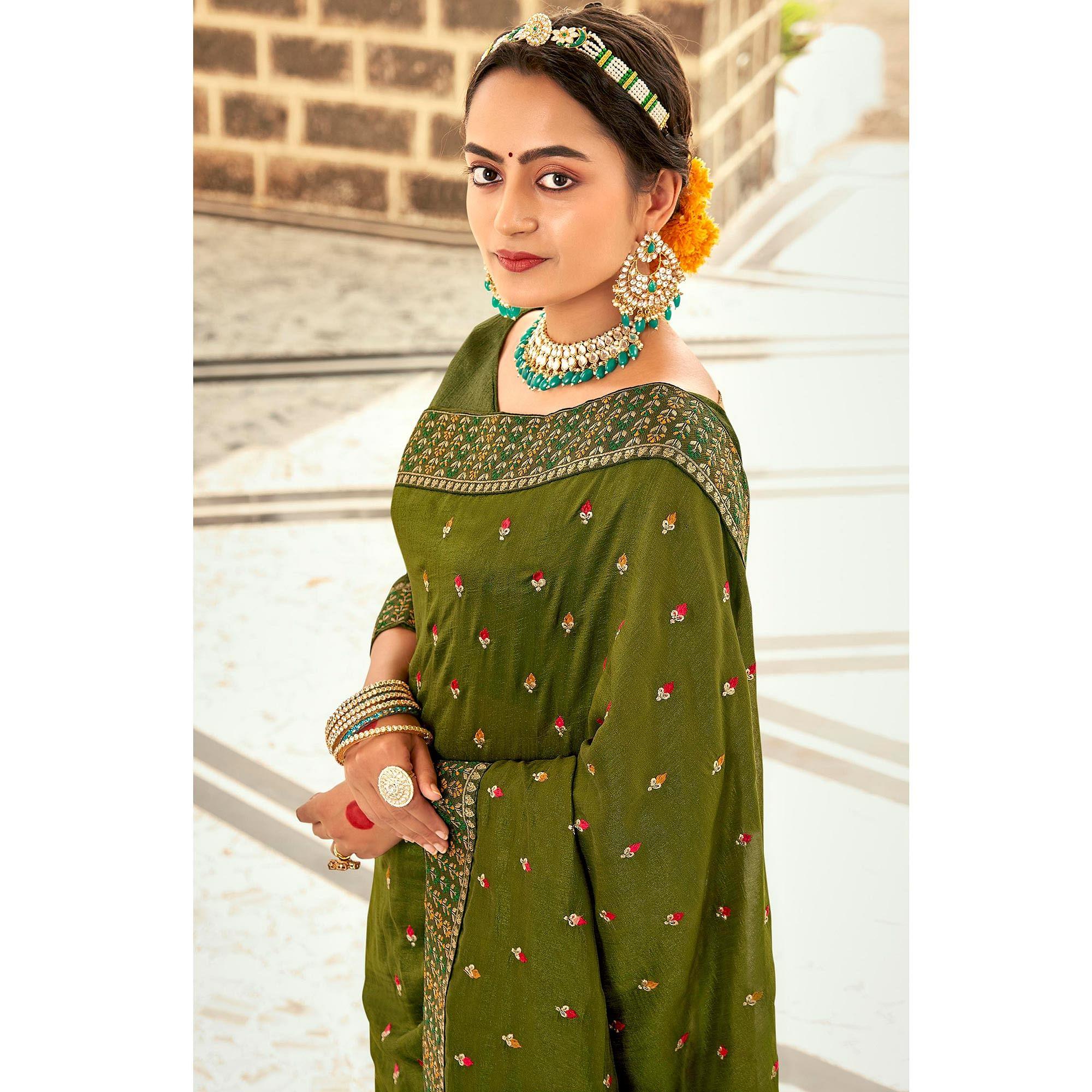 Olive Green Embellished With Embroidered Vichitra Silk Saree - Peachmode