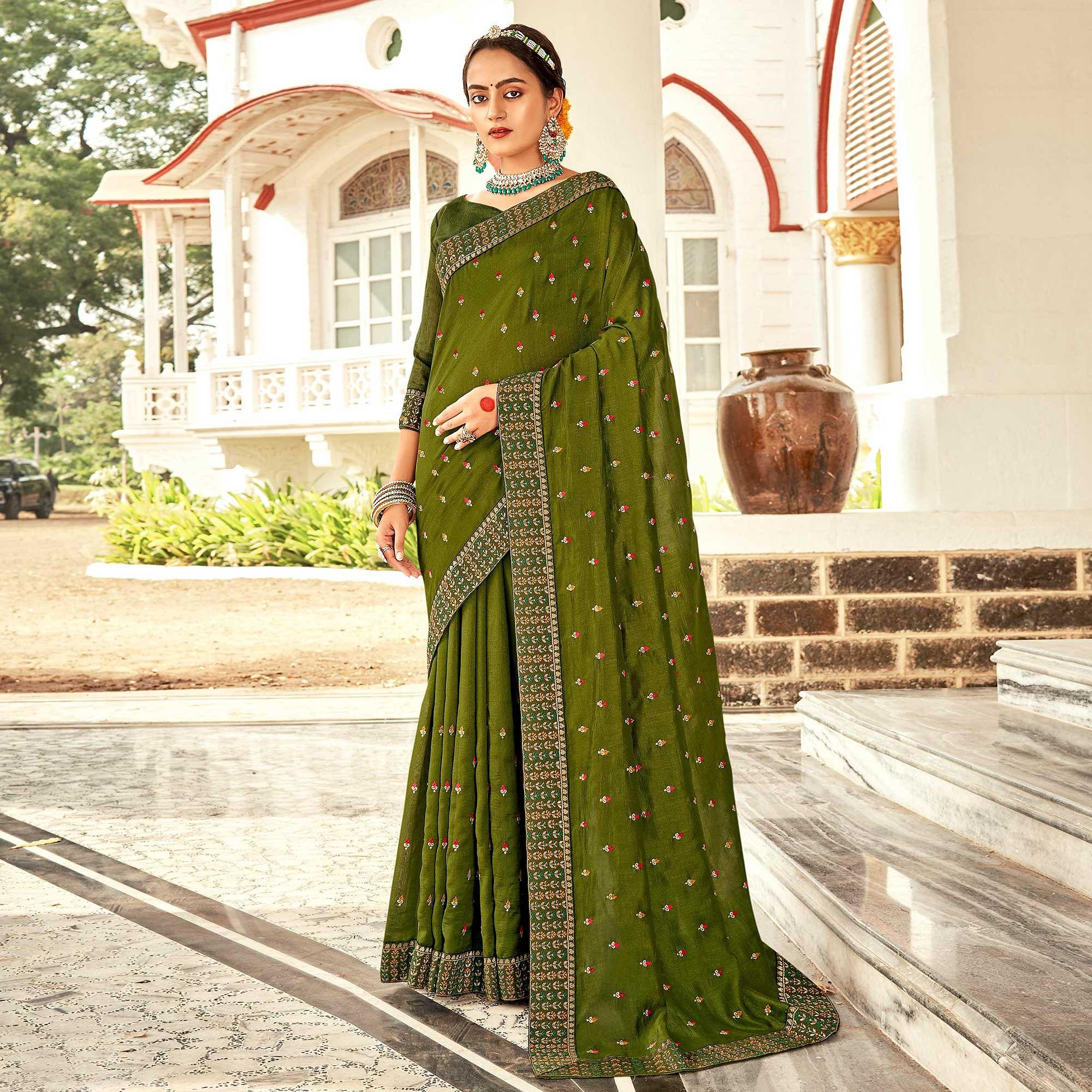 Olive Green Embellished With Embroidered Vichitra Silk Saree - Peachmode
