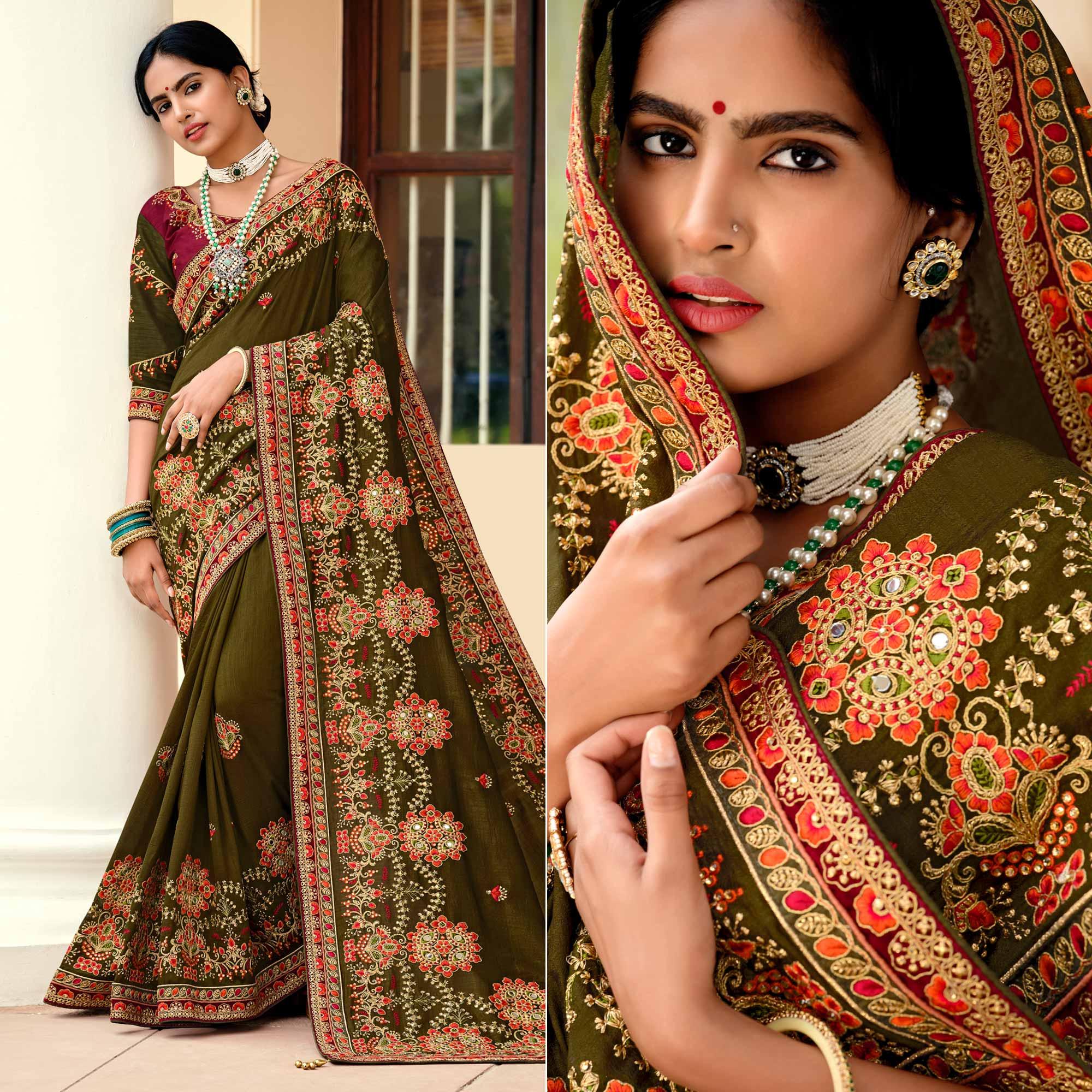 Olive Green Embellished With Embroidered Vichitra Silk Saree With Tassels - Peachmode