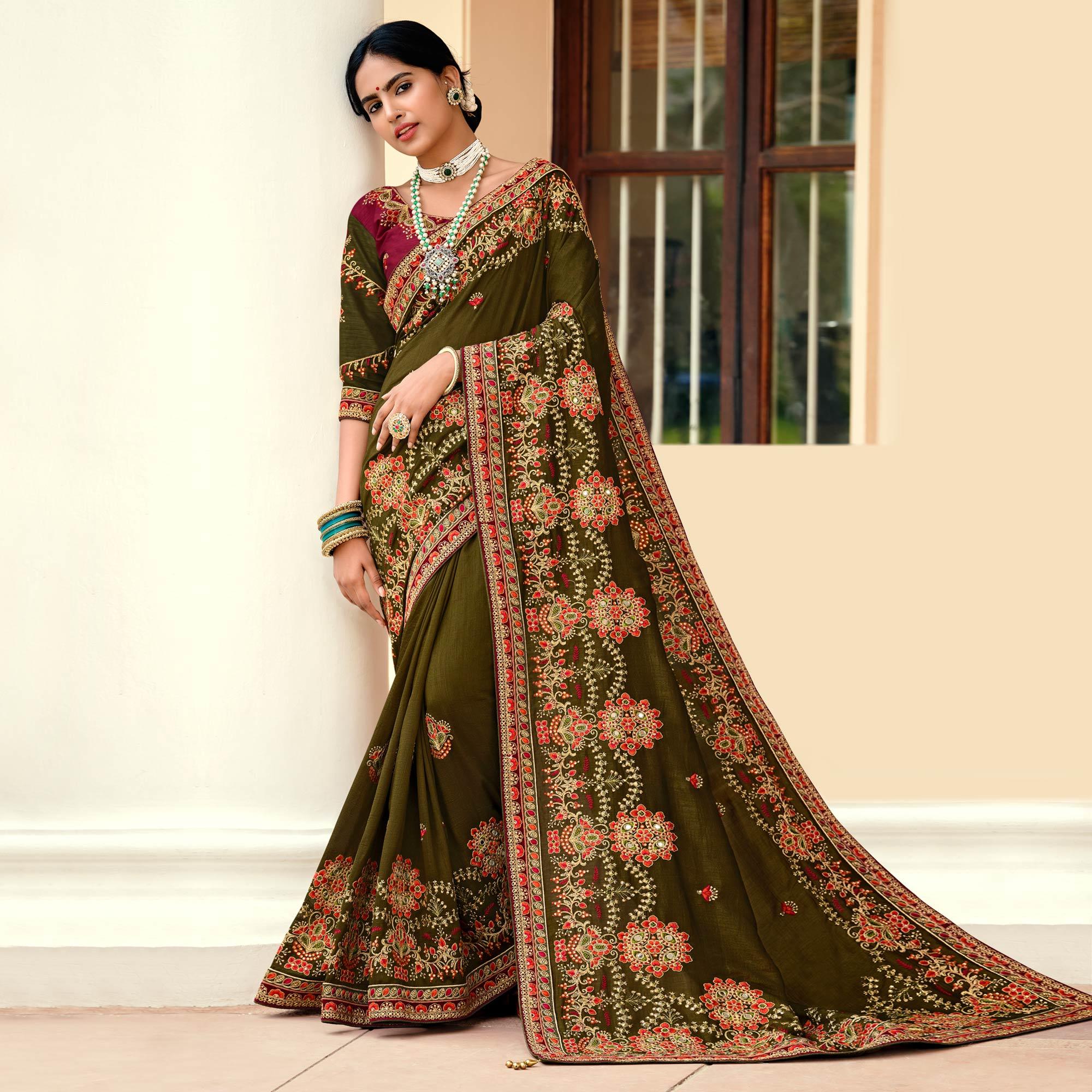Olive Green Embellished With Embroidered Vichitra Silk Saree With Tassels - Peachmode