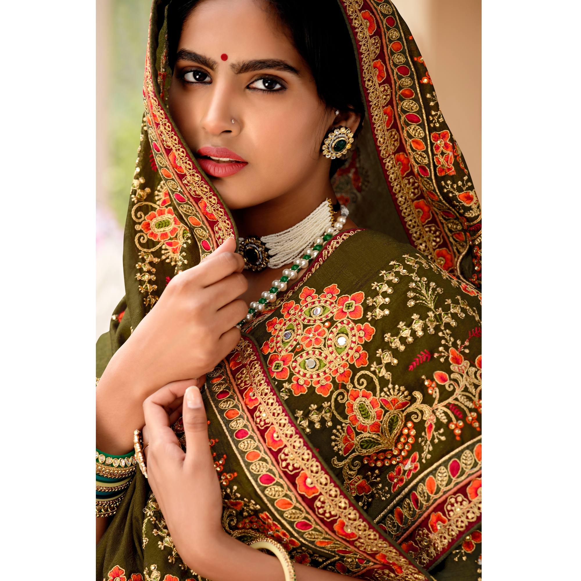 Olive Green Embellished With Embroidered Vichitra Silk Saree With Tassels - Peachmode