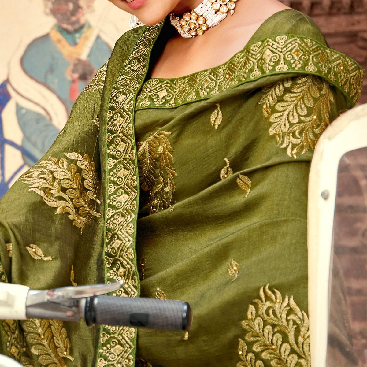 Olive Green Embellished With Woven Vichitra Silk Saree - Peachmode