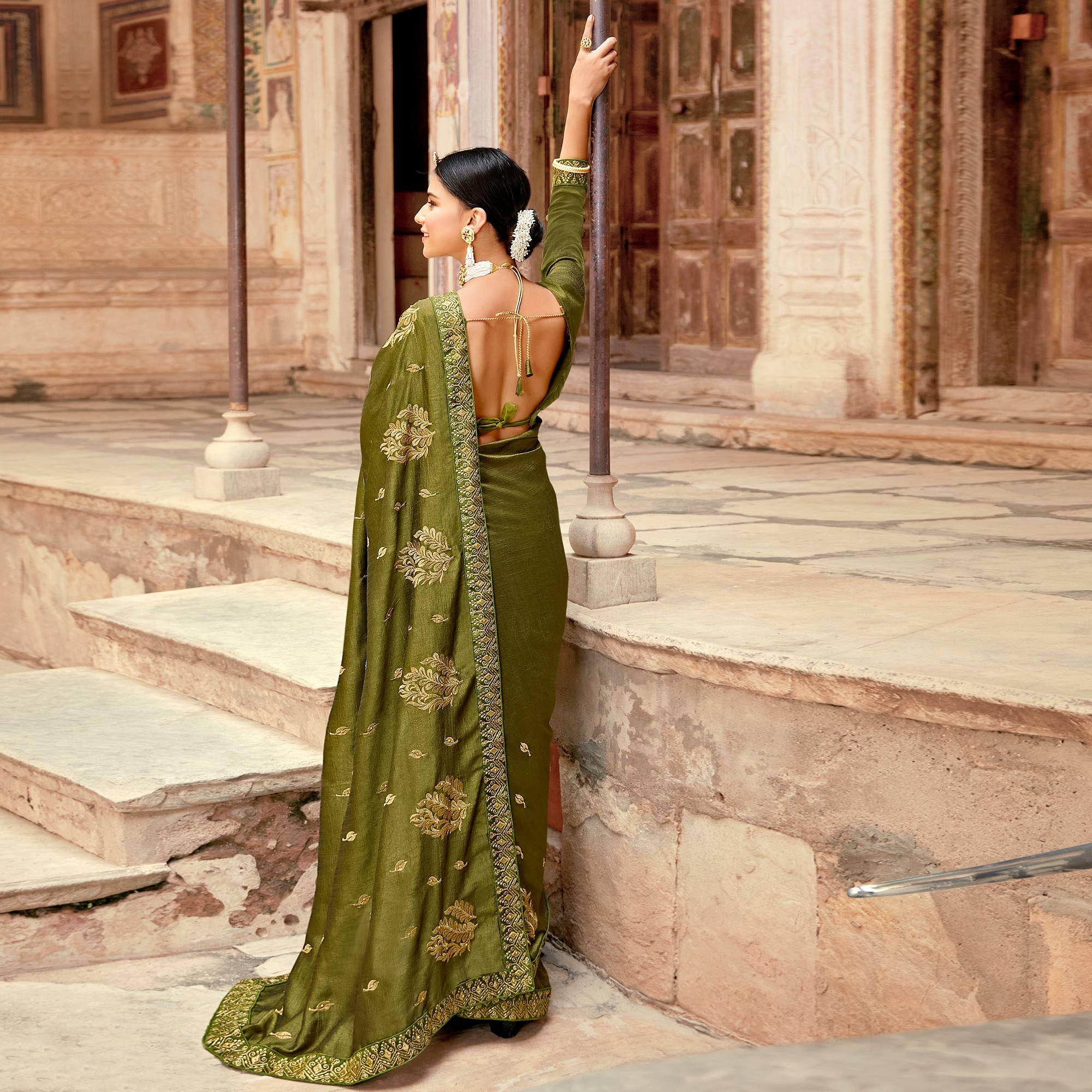 Olive Green Embellished With Woven Vichitra Silk Saree - Peachmode