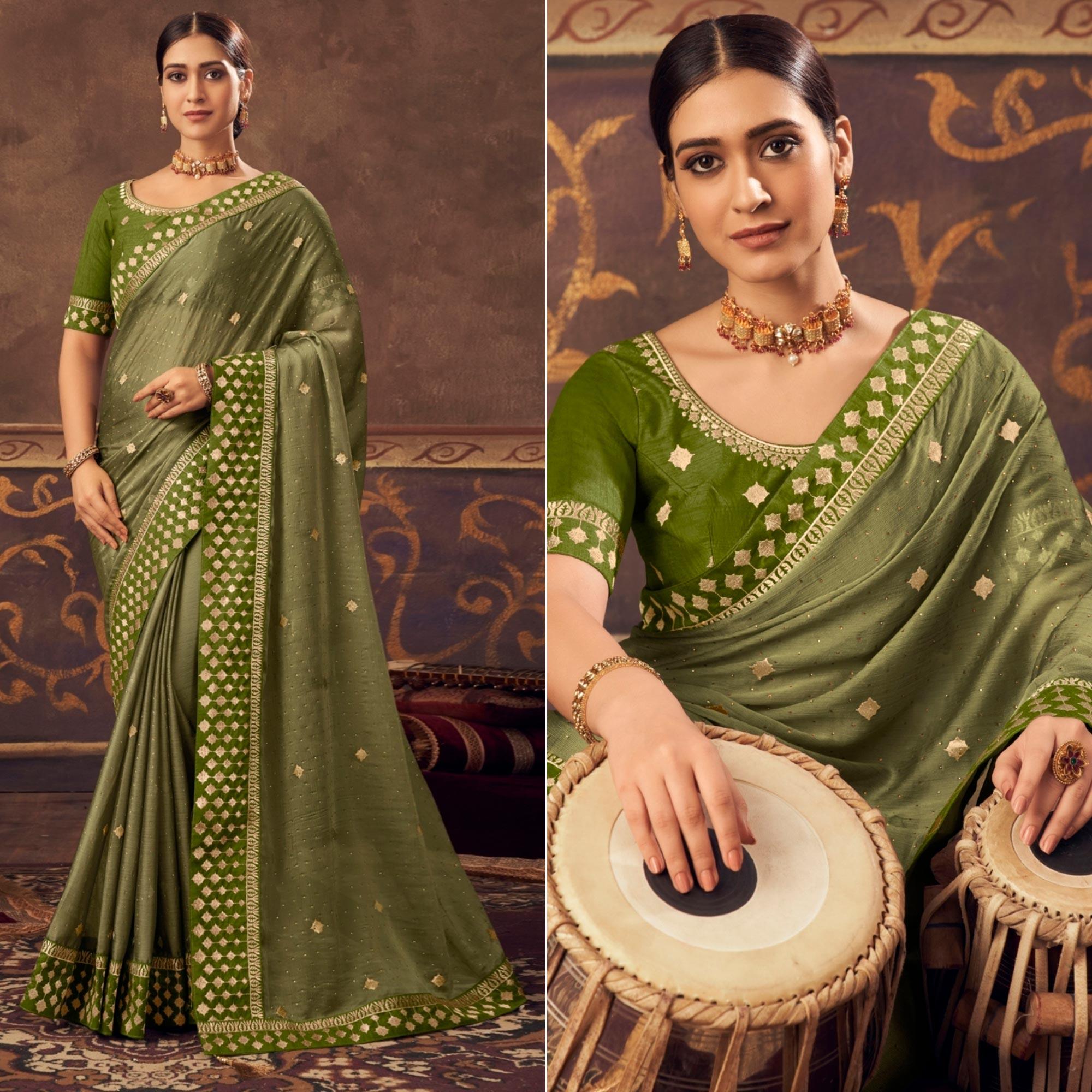 Olive Green Embroidered Chiffon Saree - Peachmode