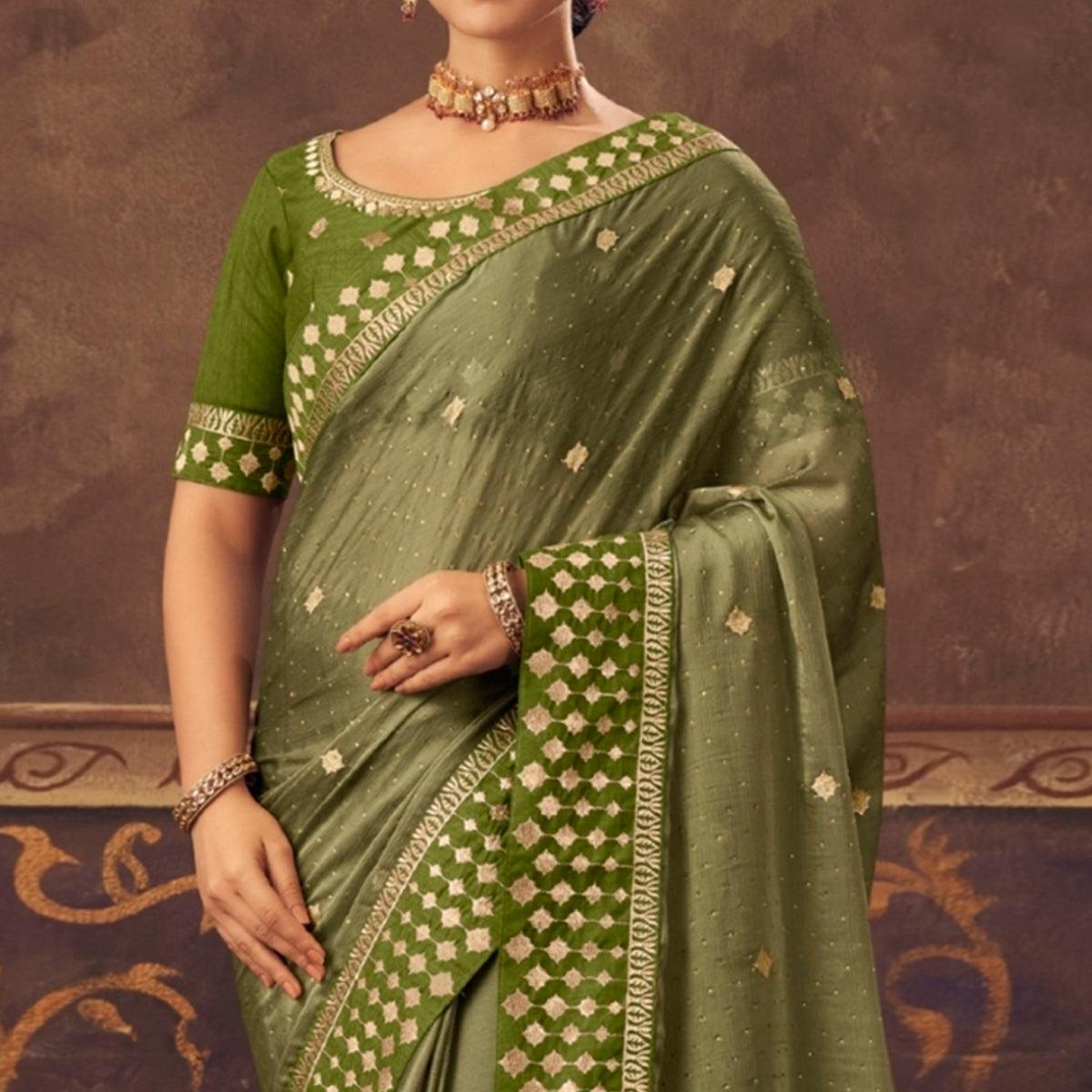 Olive Green Embroidered Chiffon Saree - Peachmode