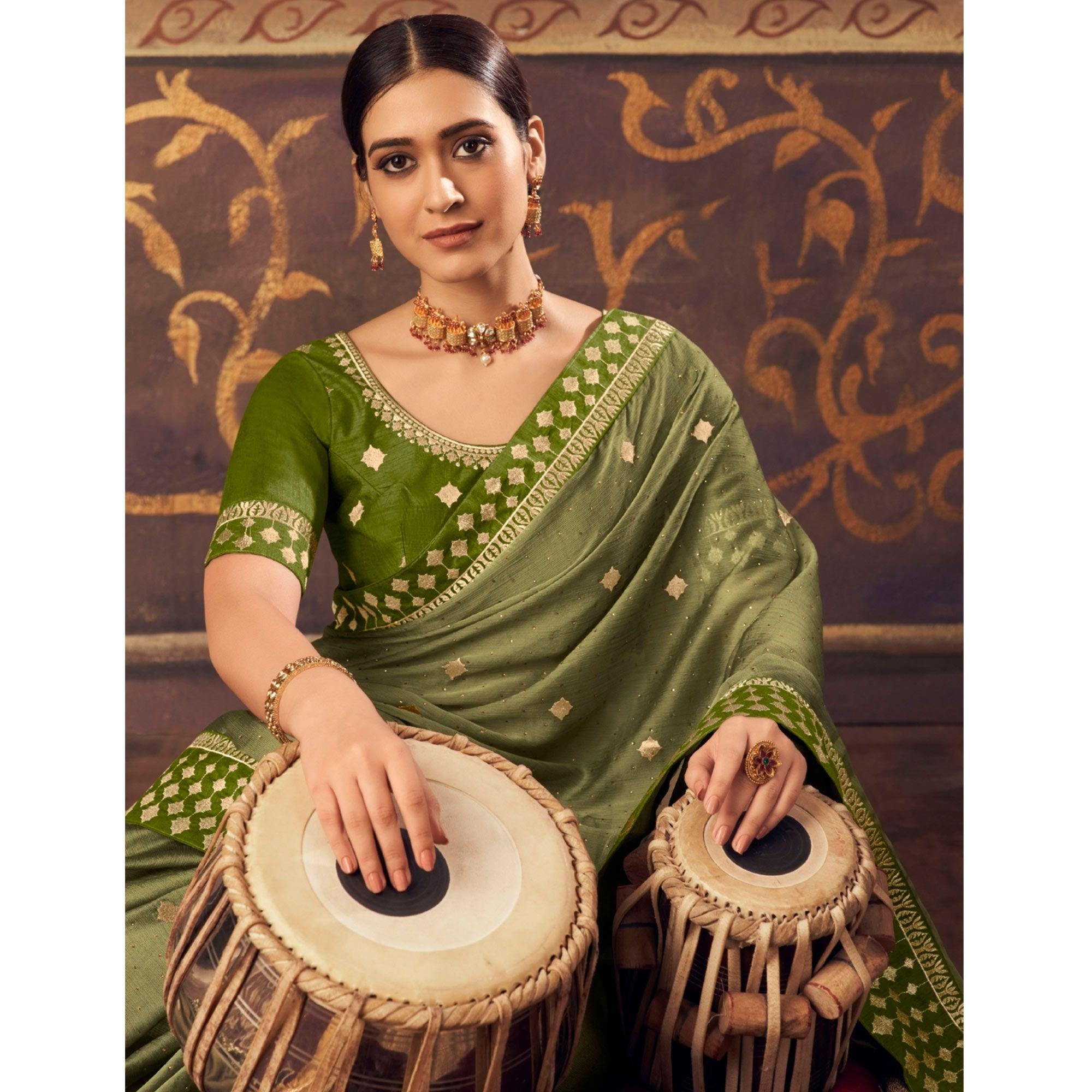 Olive Green Embroidered Chiffon Saree - Peachmode